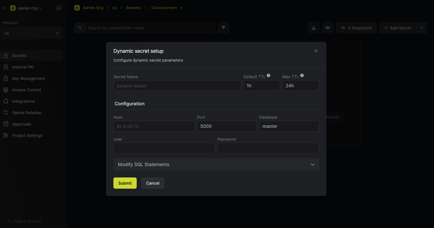 Dynamic Secret Setup Modal