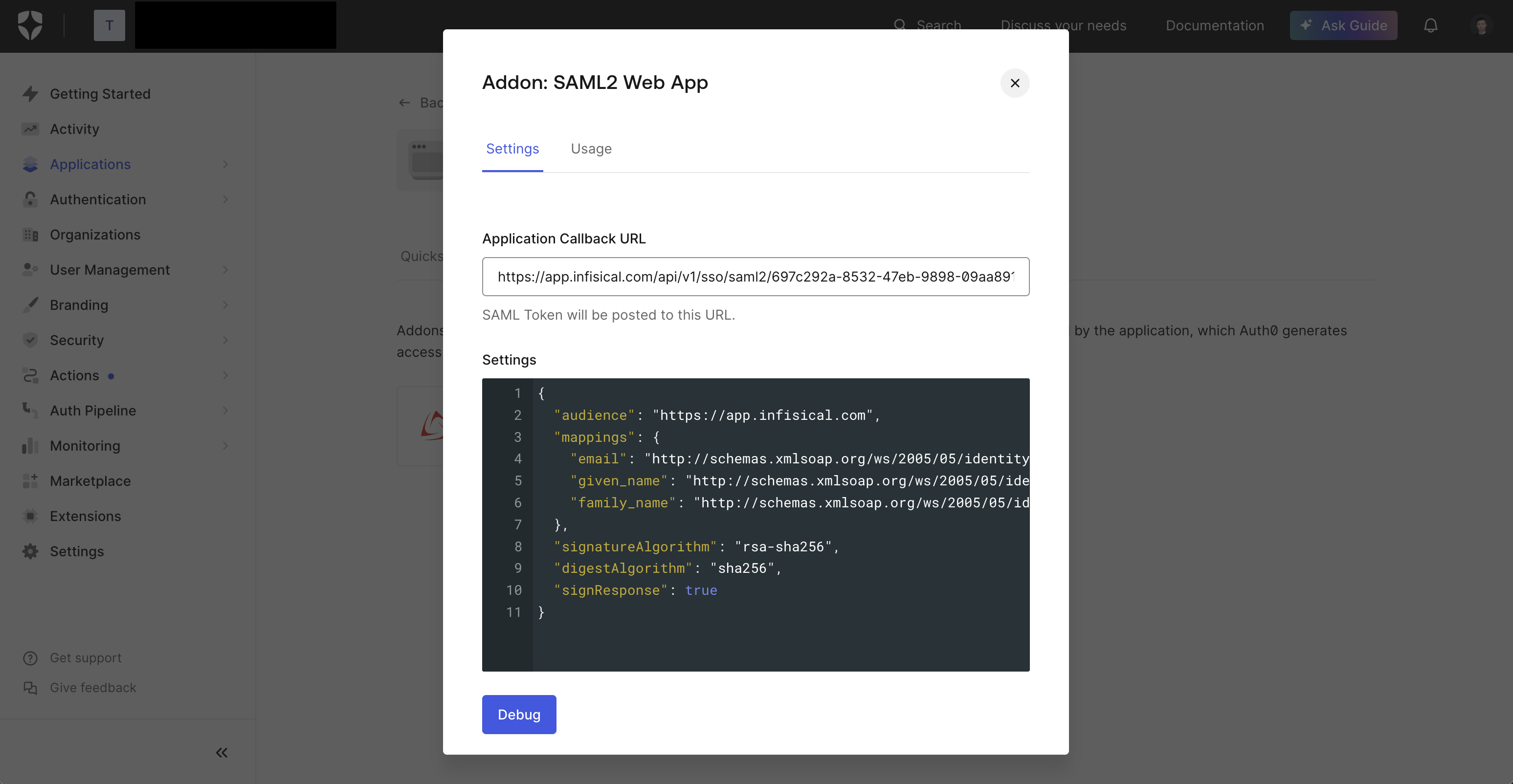 Auth0 SAML config
