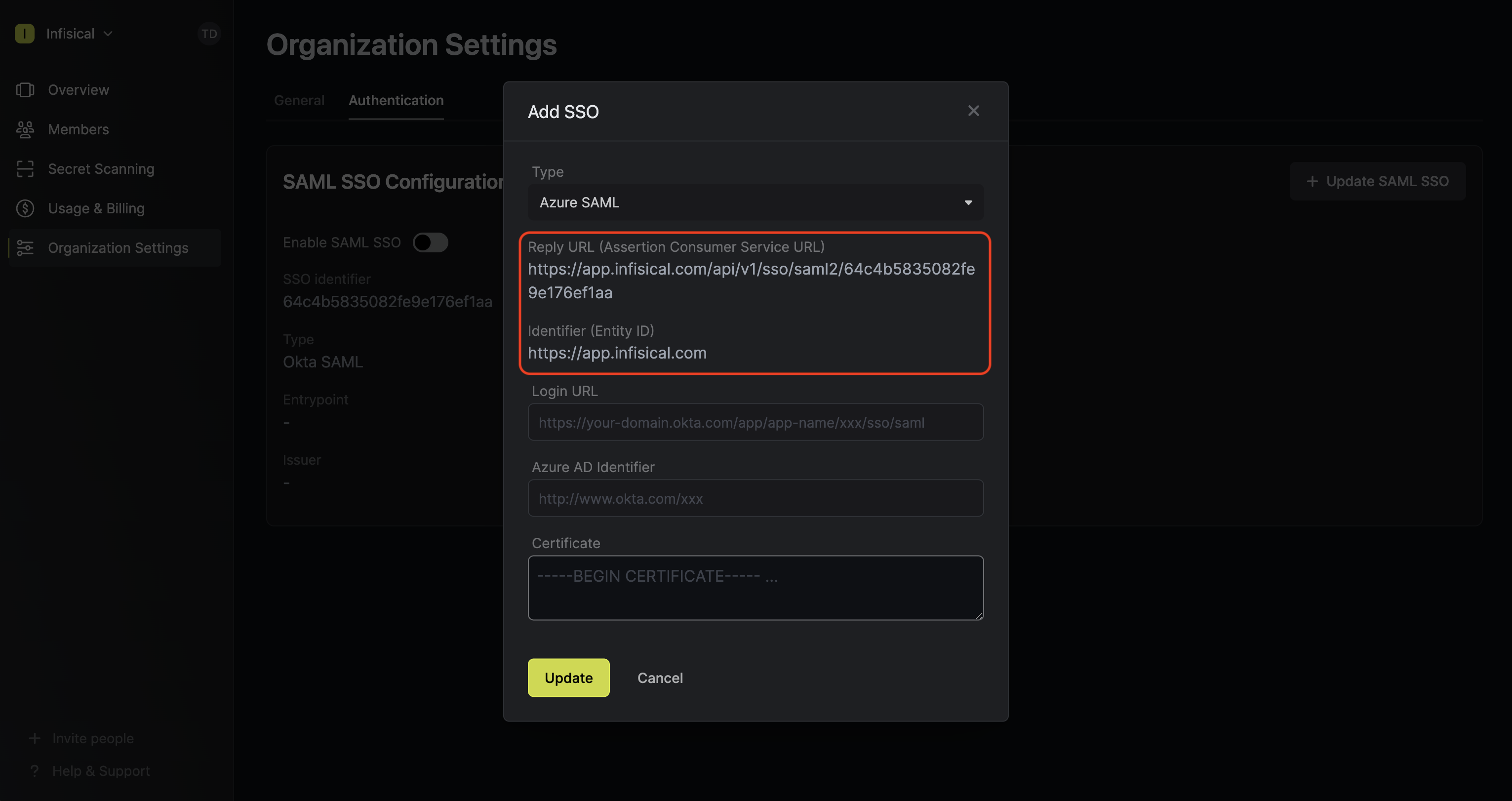 Azure SAML initial configuration