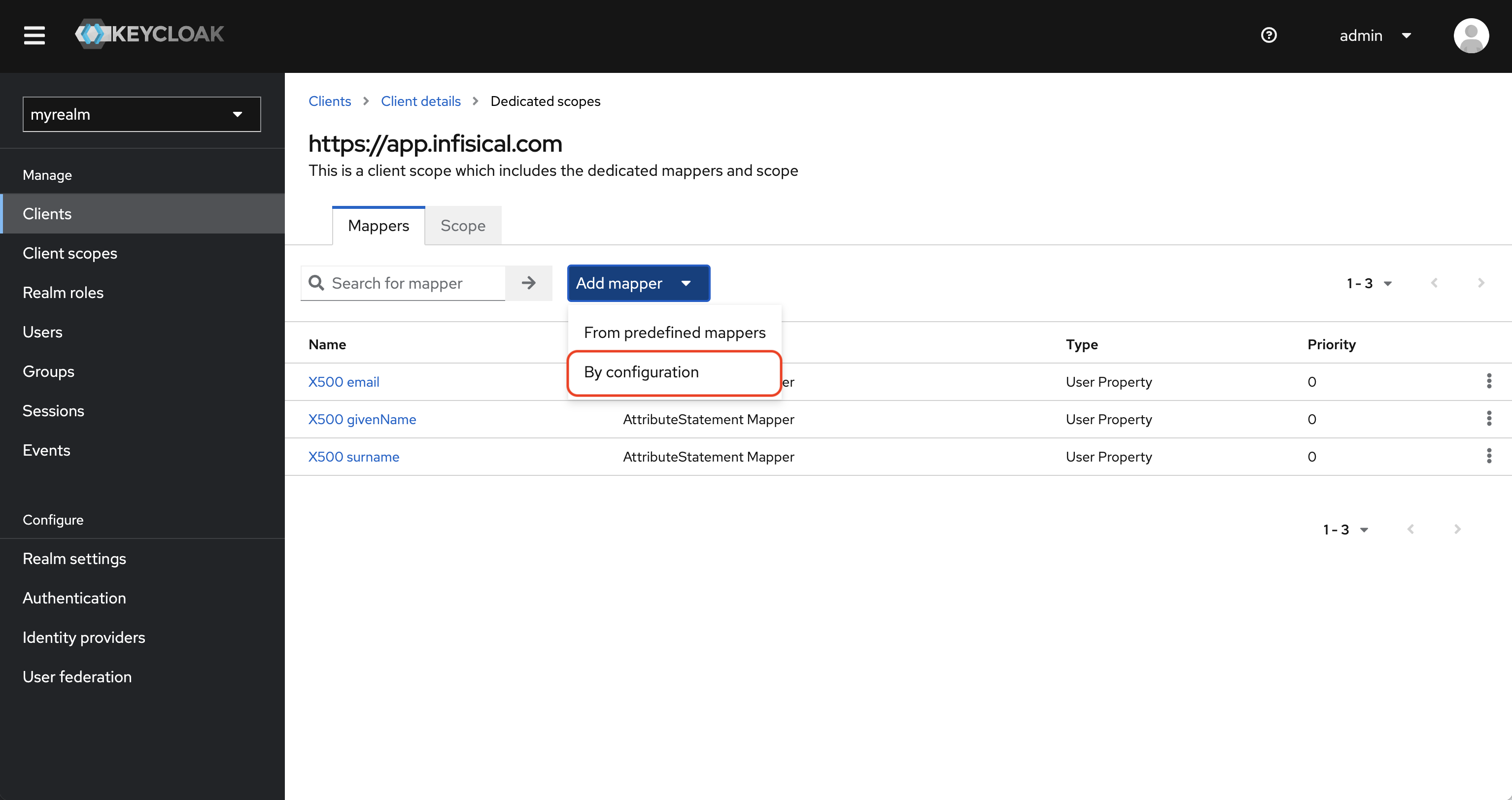 SAML keycloak client mappers by configuration