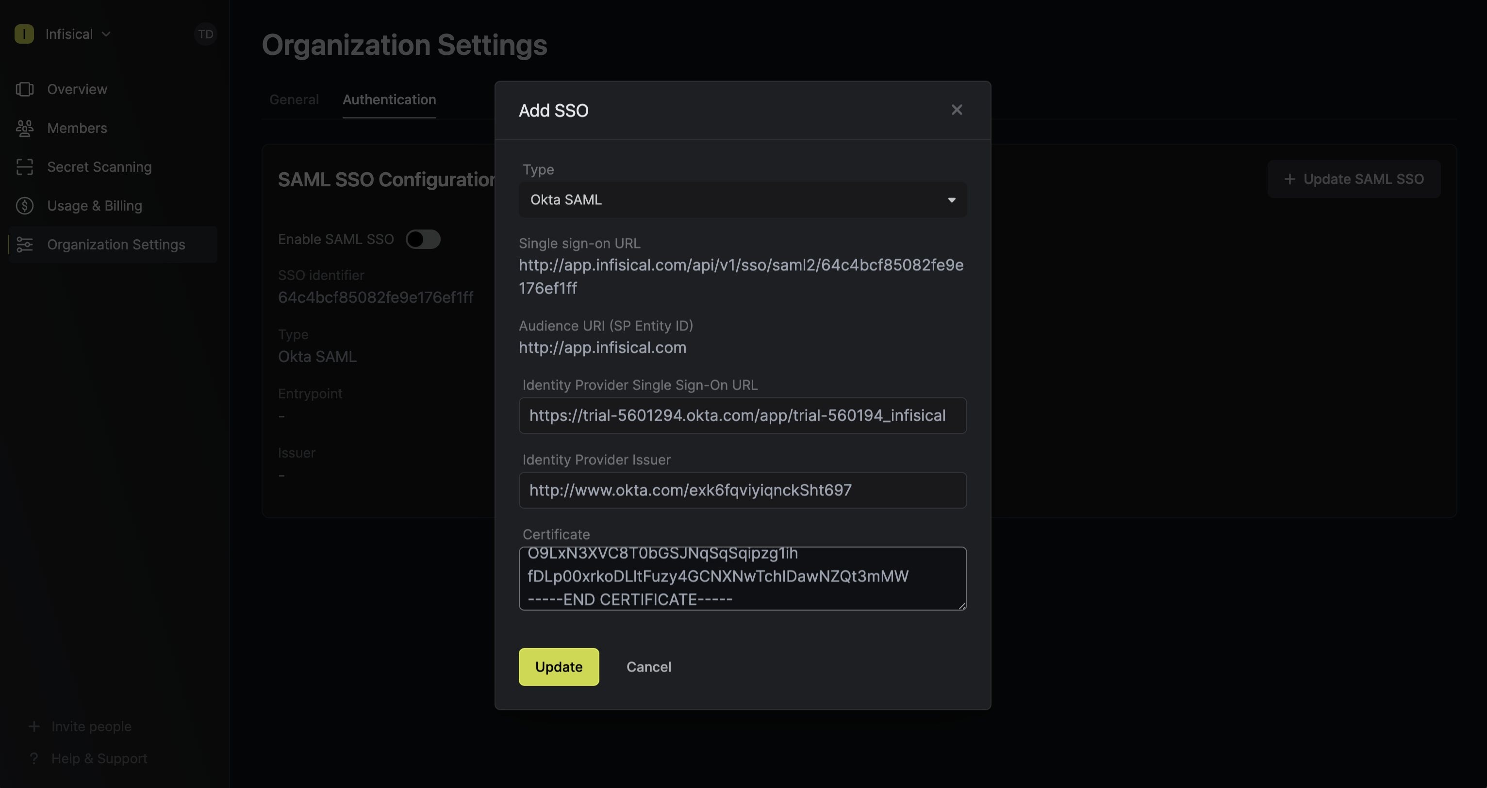 SAML Okta paste values into Infisical