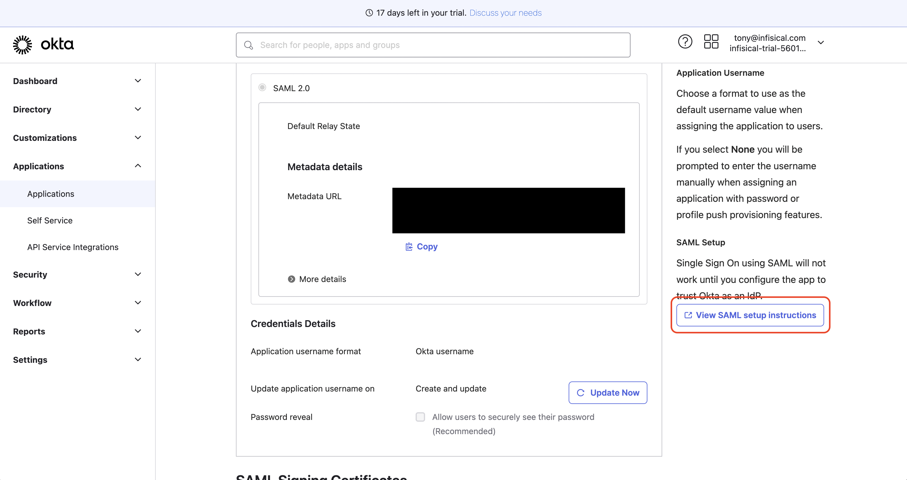 SAML Okta view setup instructions