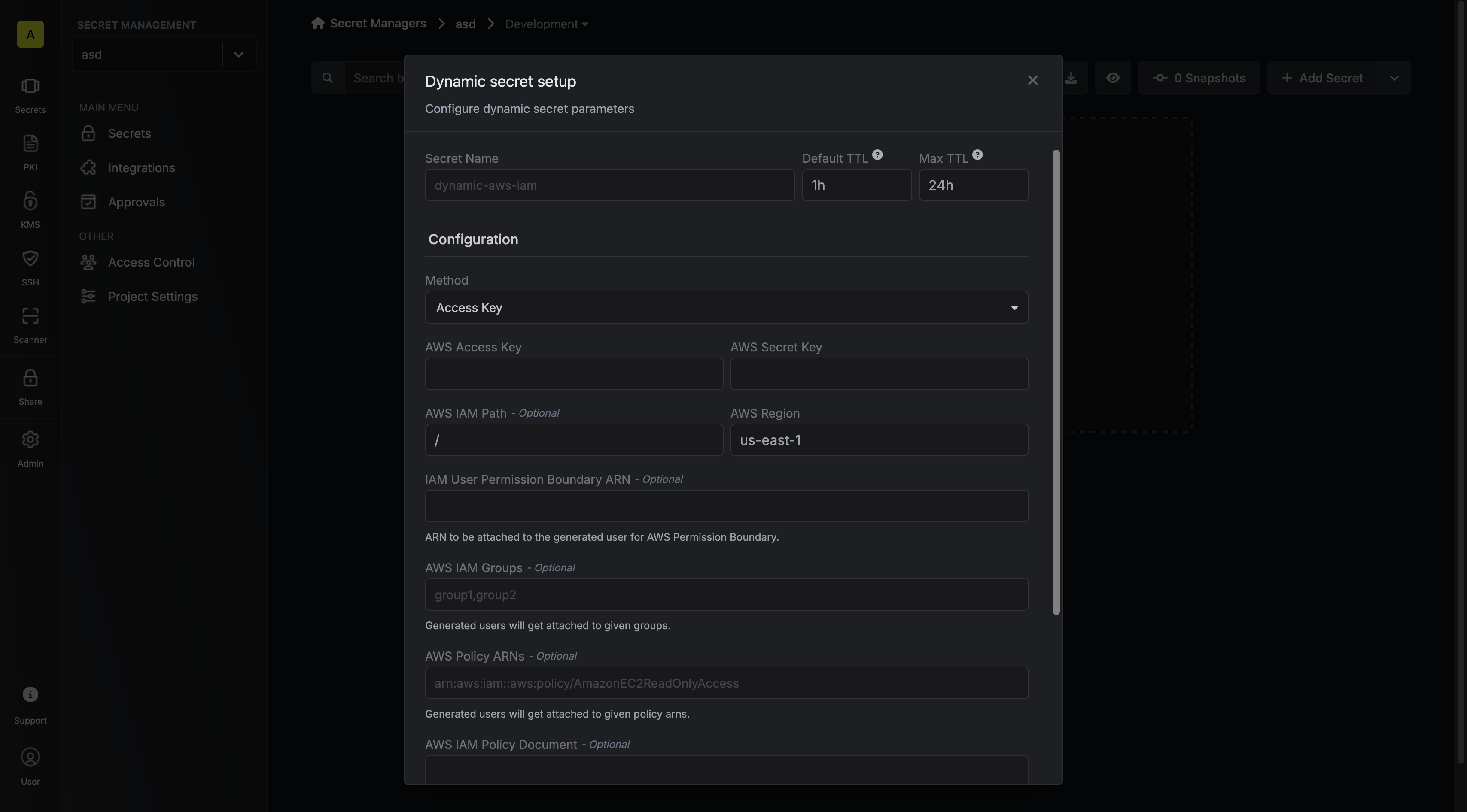 Dynamic Secret Setup Modal