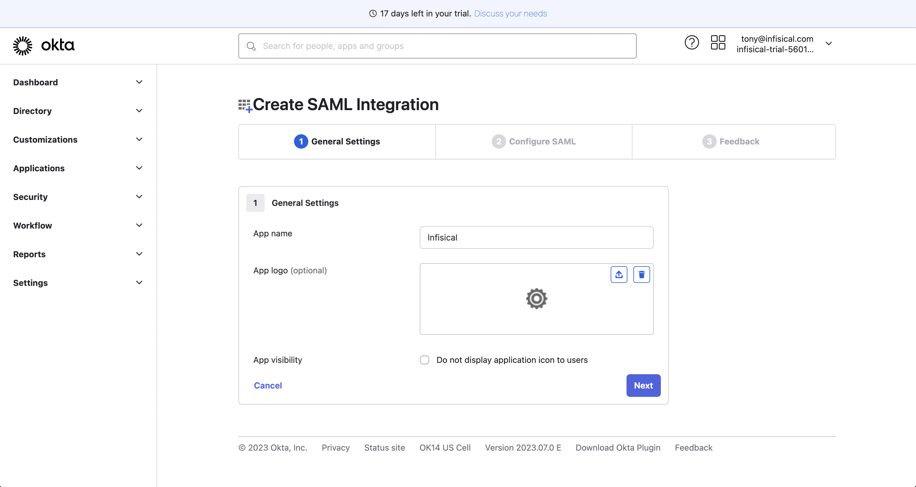 SAML Okta create SAML 2.0 integration