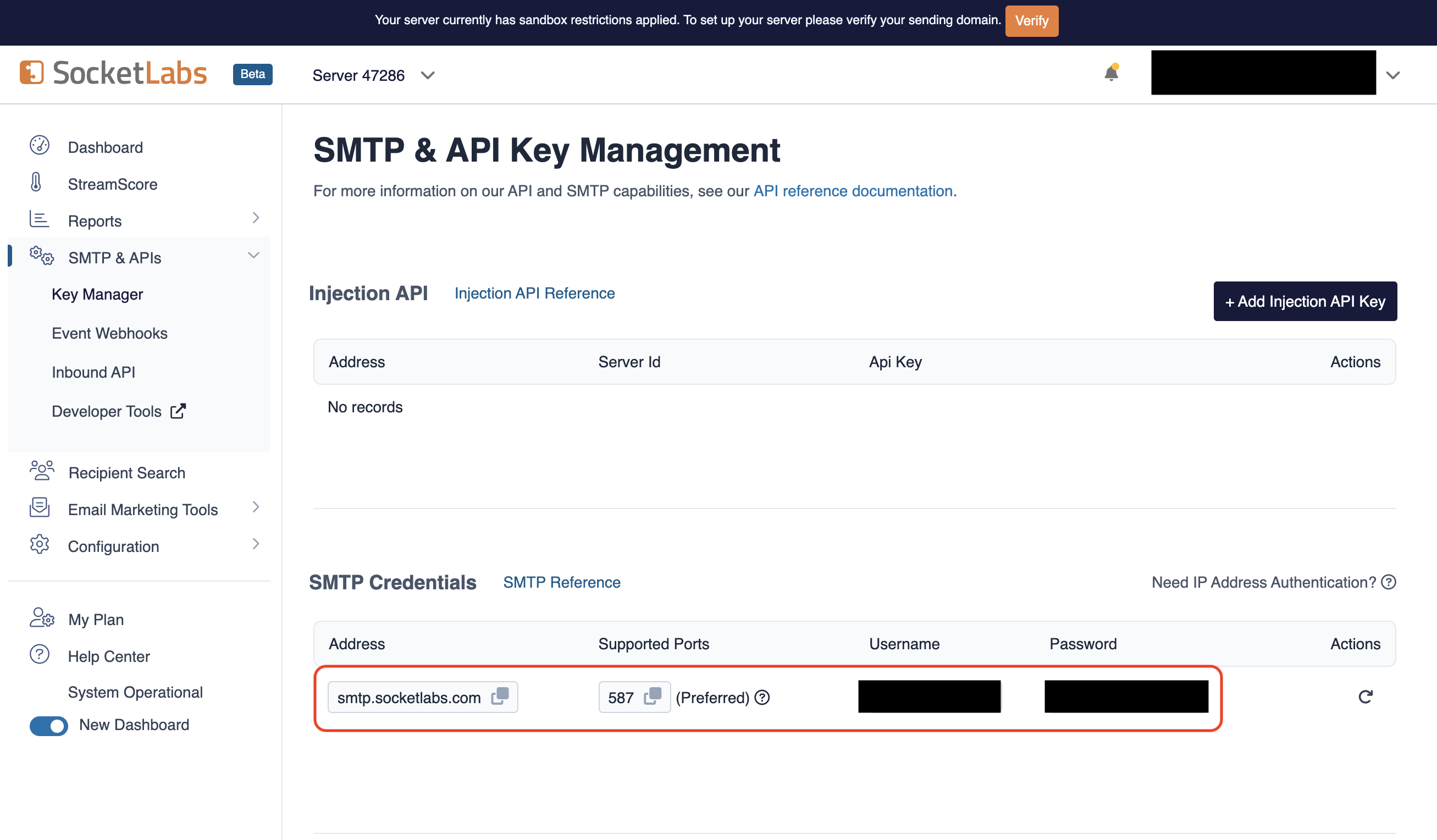 obtaining SocketLabs credentials
