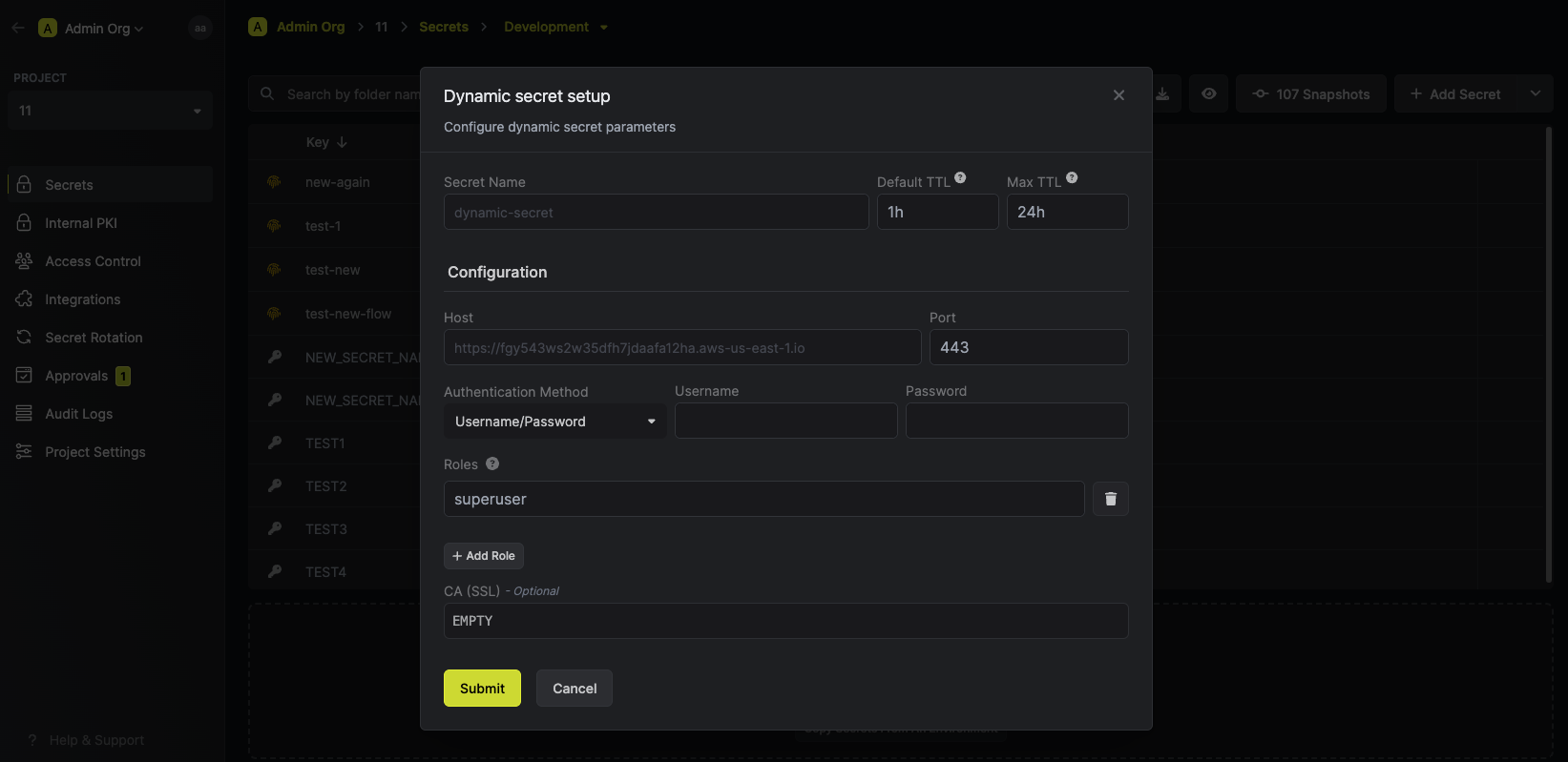 Dynamic Secret Setup Modal