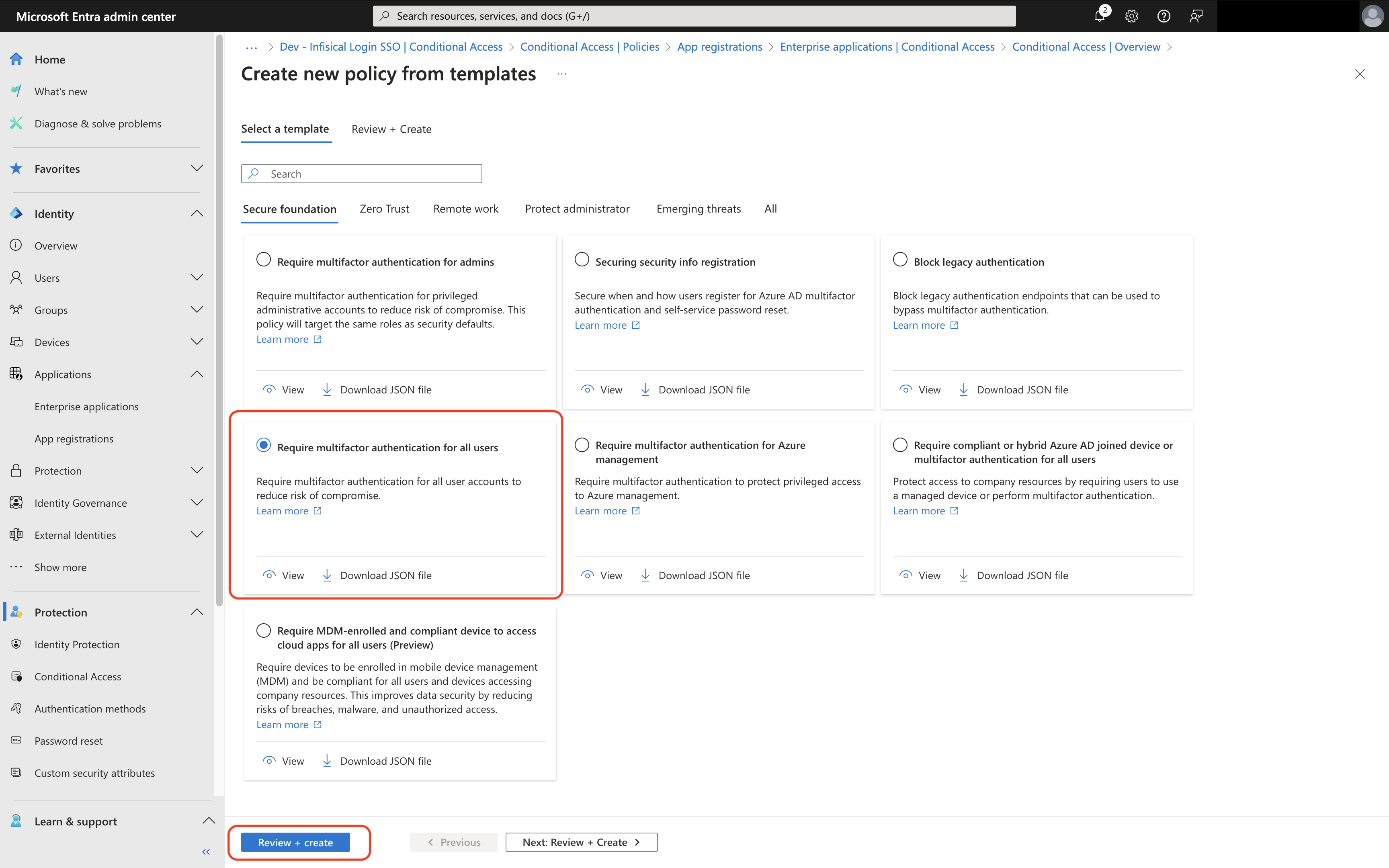 require MFA and review policy