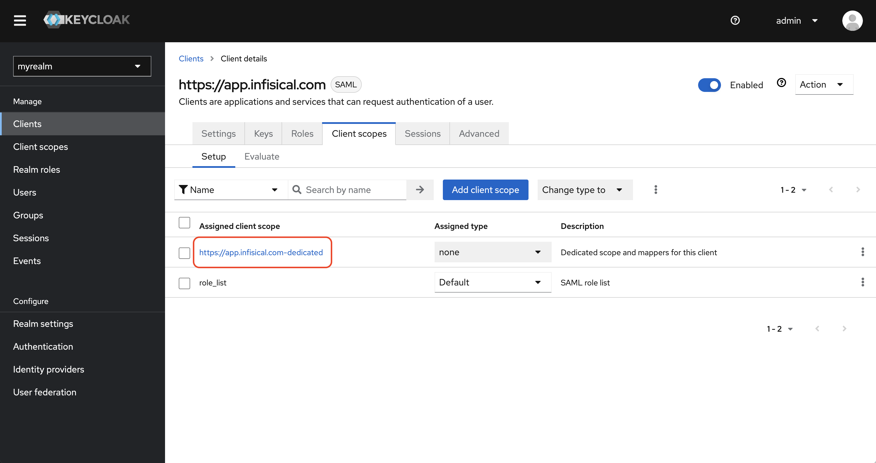 SAML keycloak client scopes list
