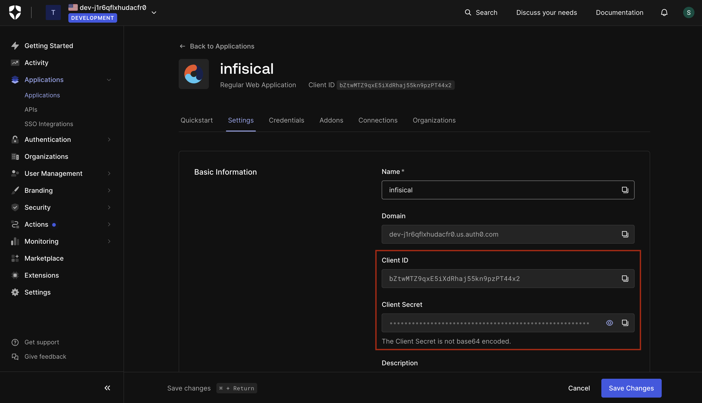 OIDC auth0 application credential