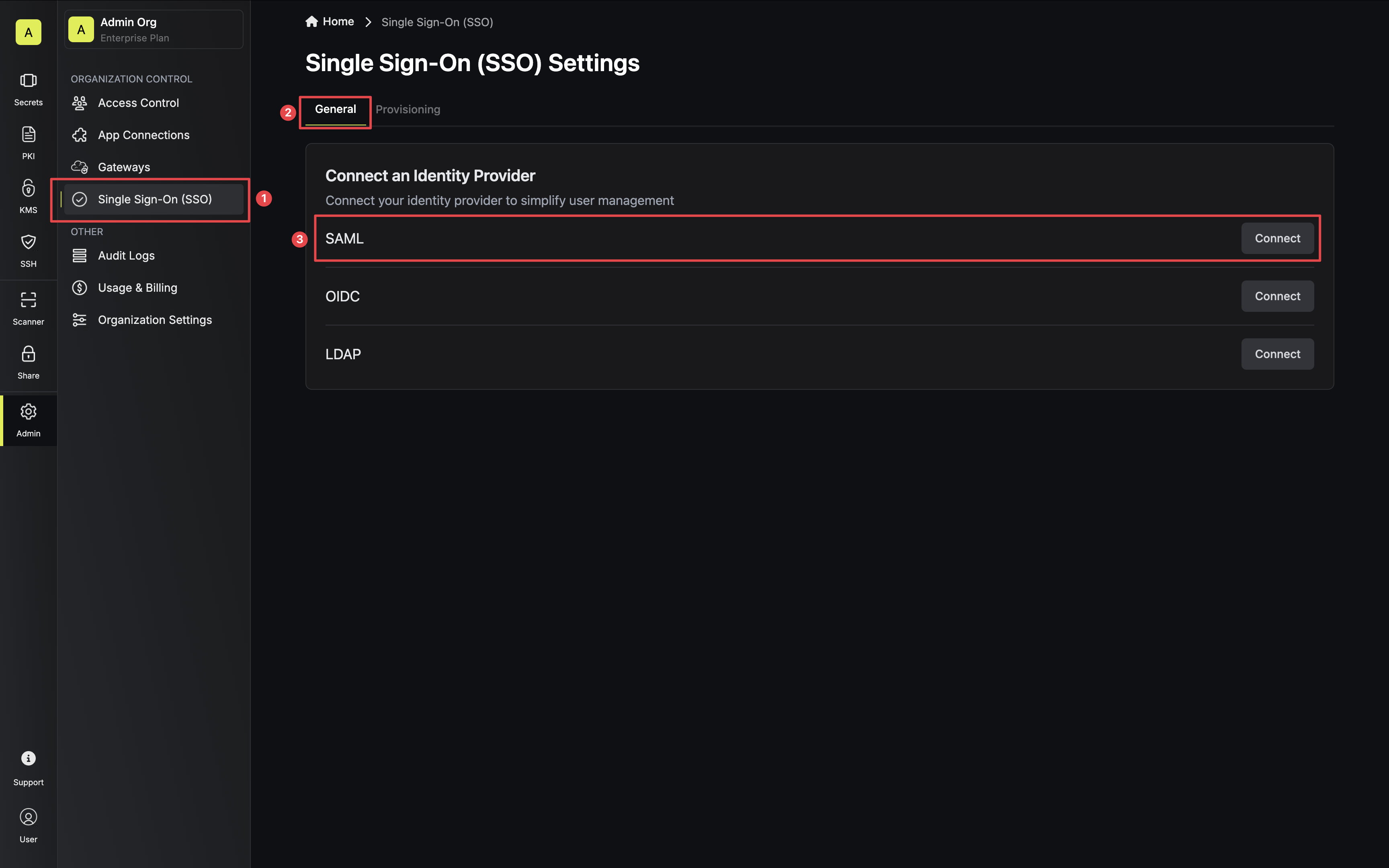 SSO connect section