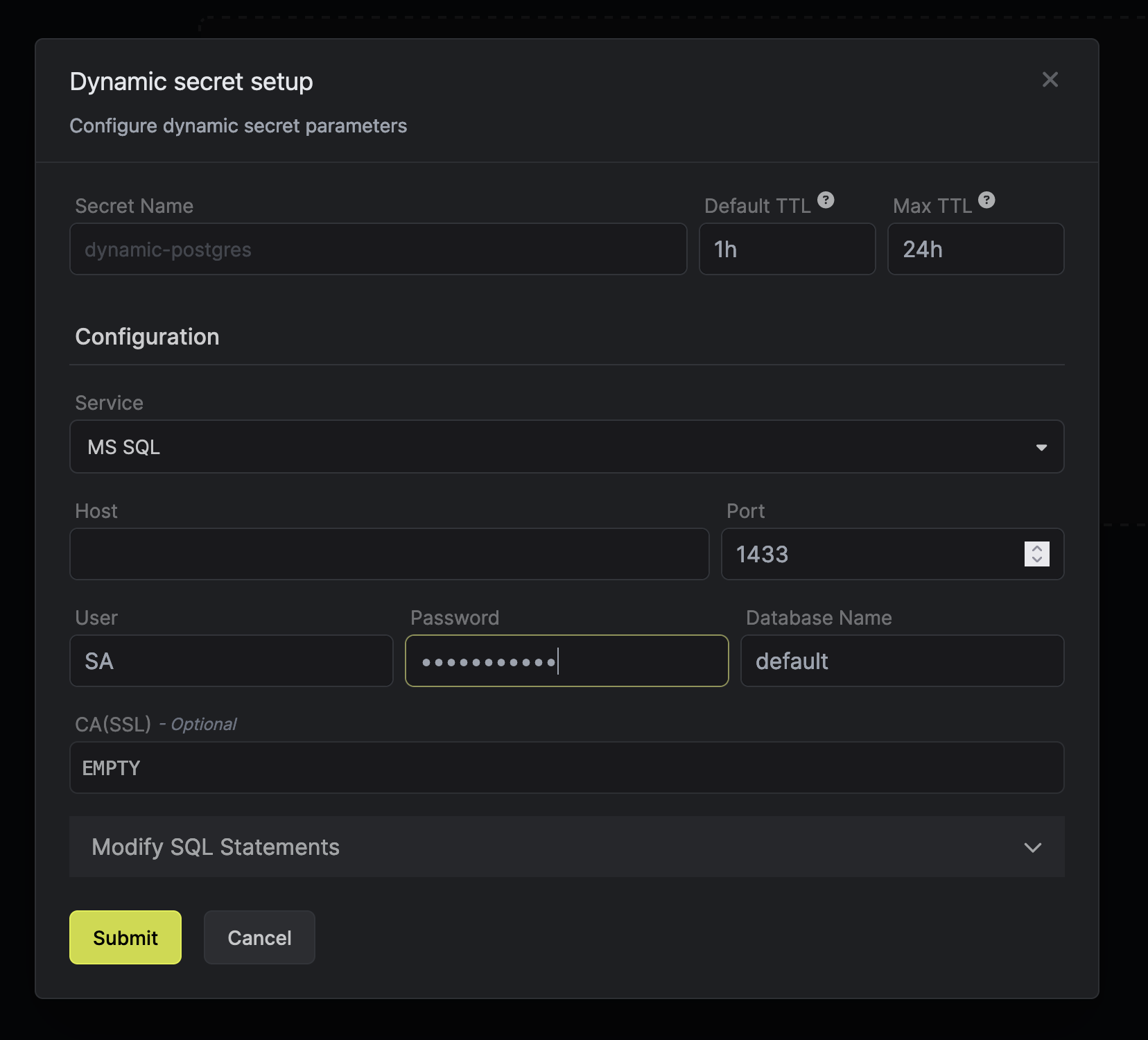 Dynamic Secret Setup Modal