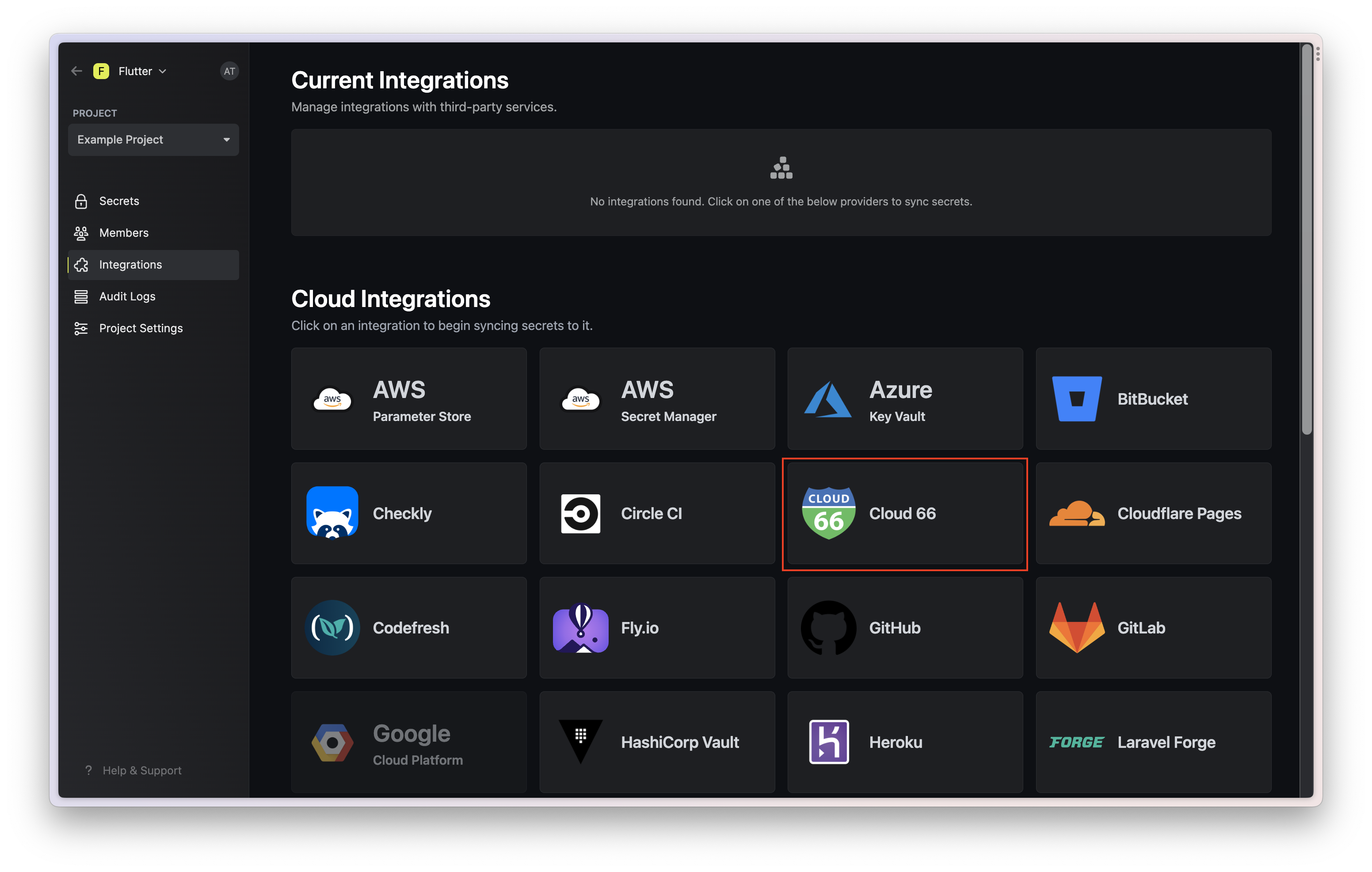 integrations cloud 66 tile in infisical dashboard