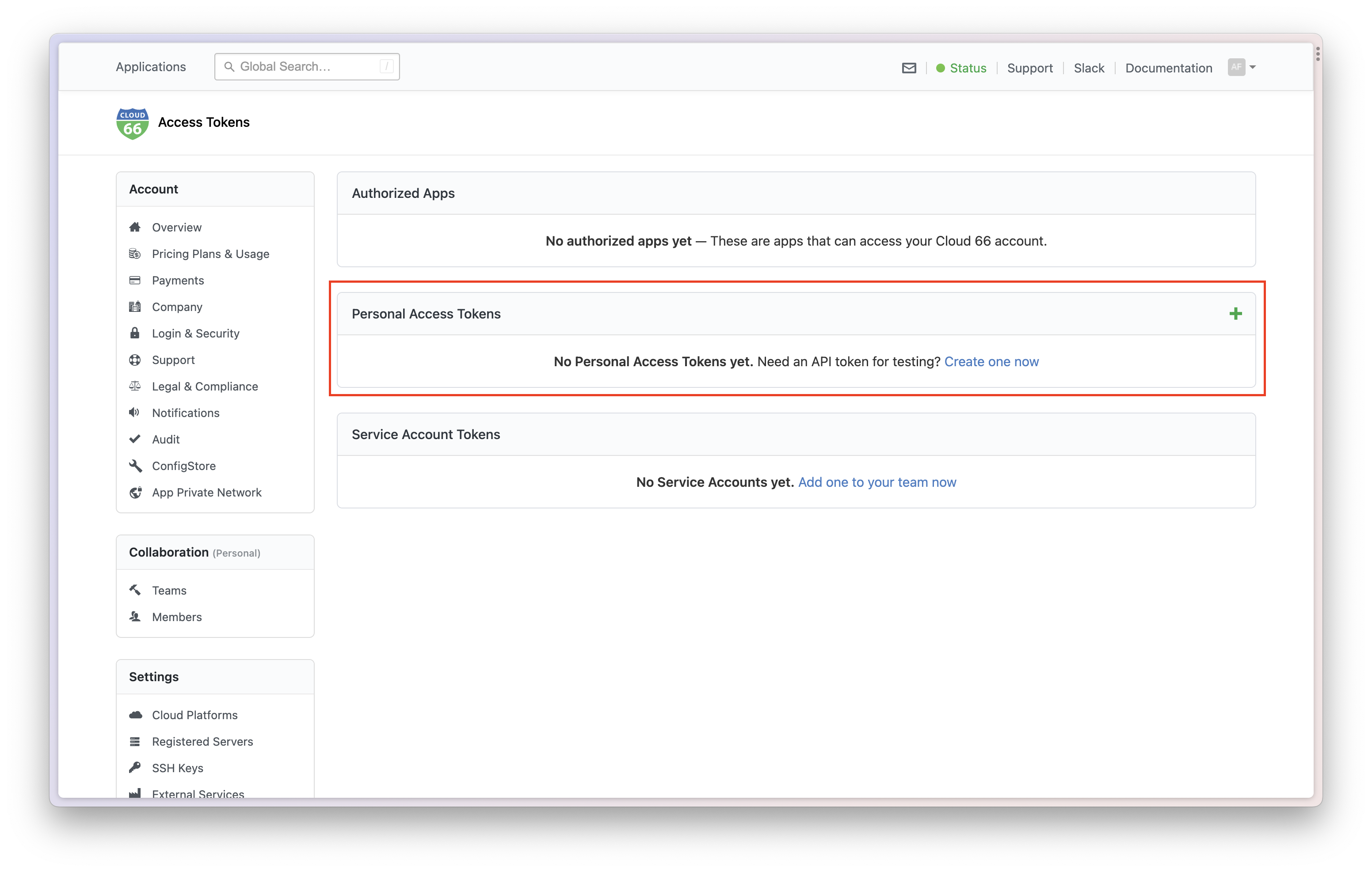 integrations cloud 66 personal access token