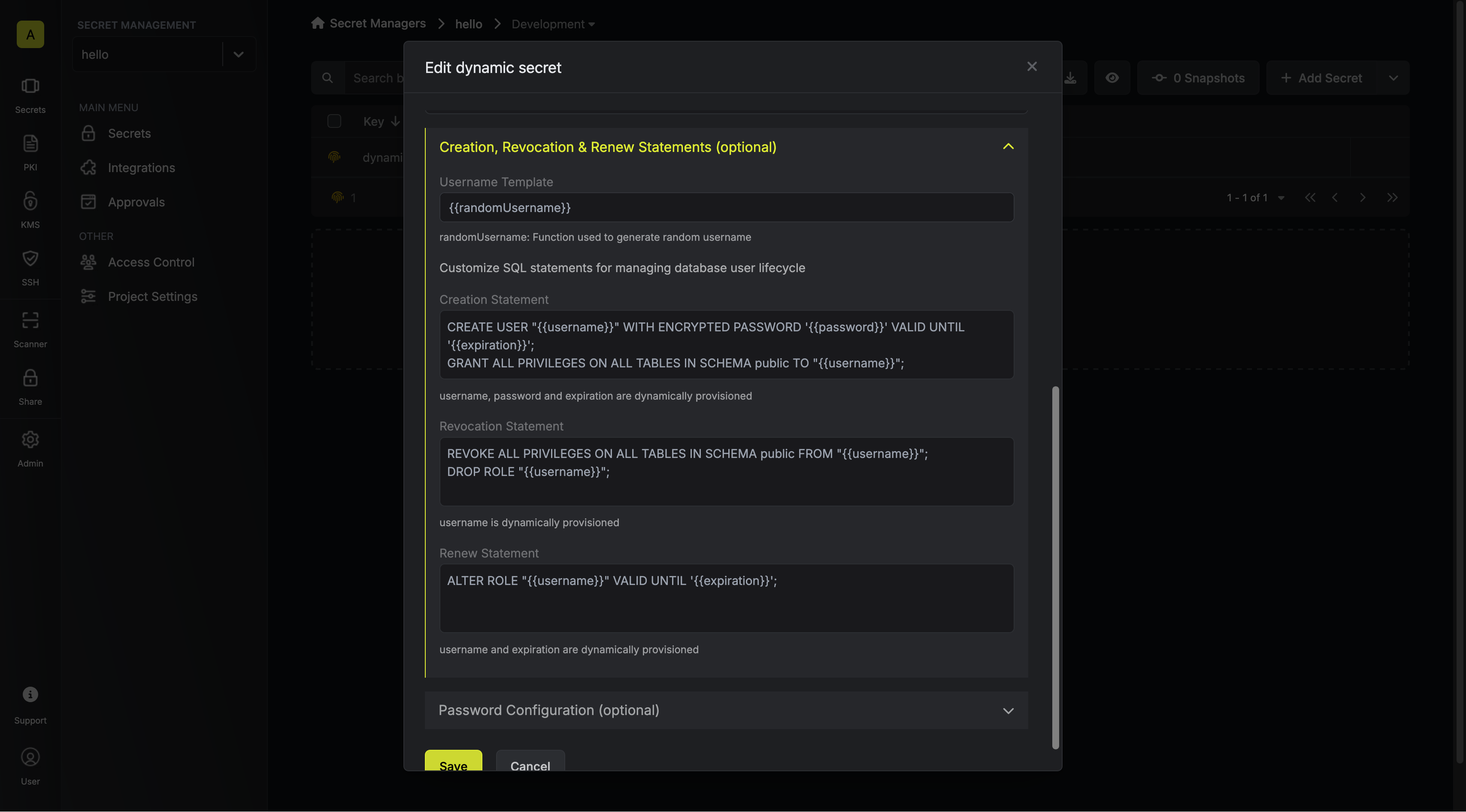 Modify SQL Statements Modal