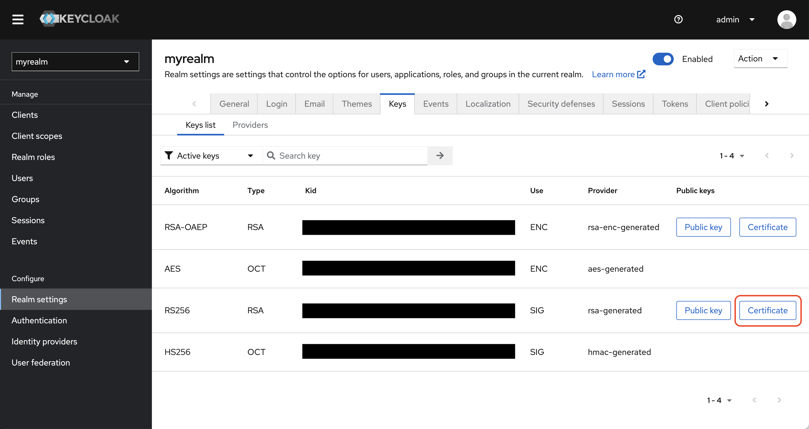 SAML keycloak realm settings keys