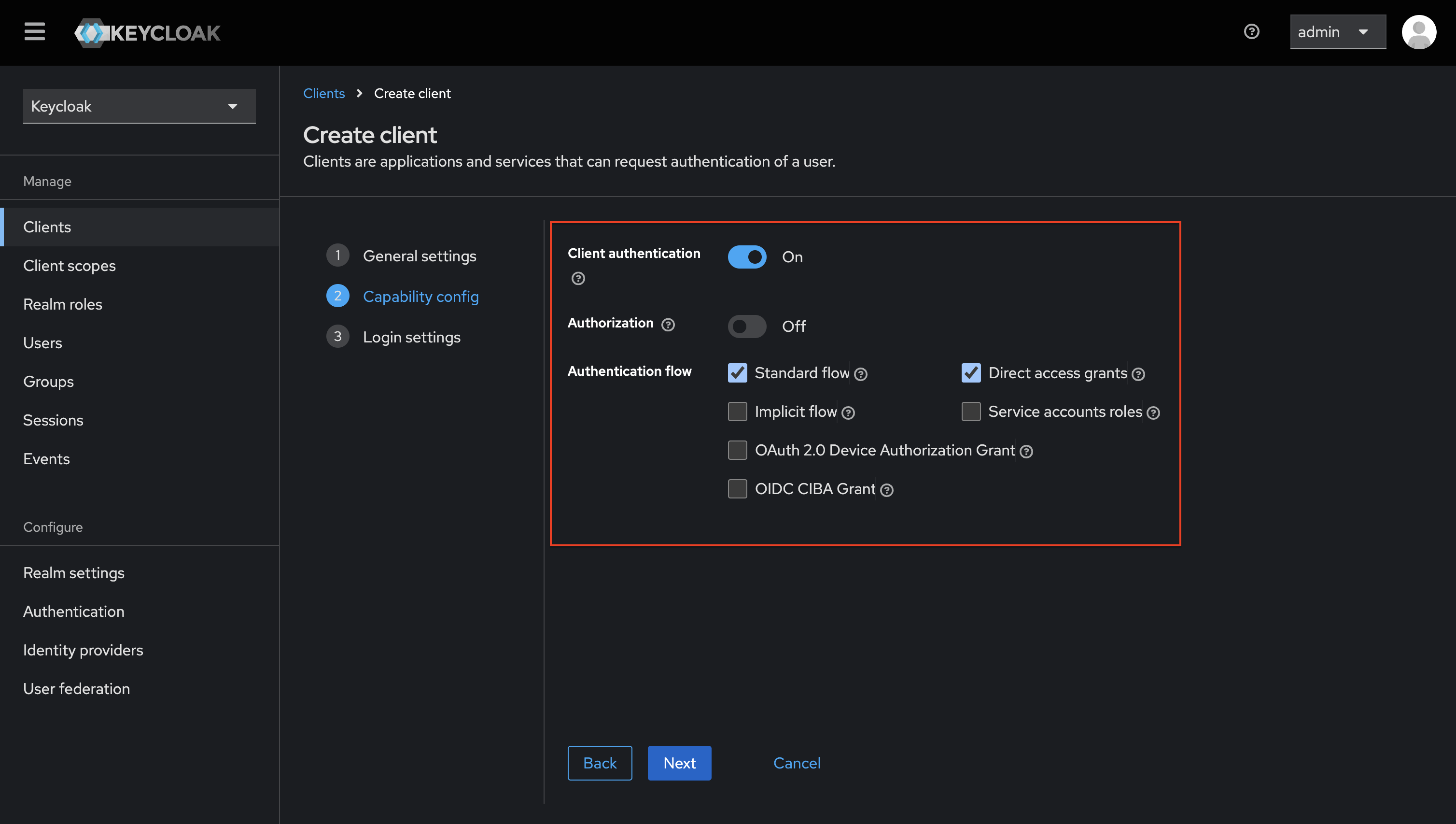 OIDC keycloak create client capability config settings
