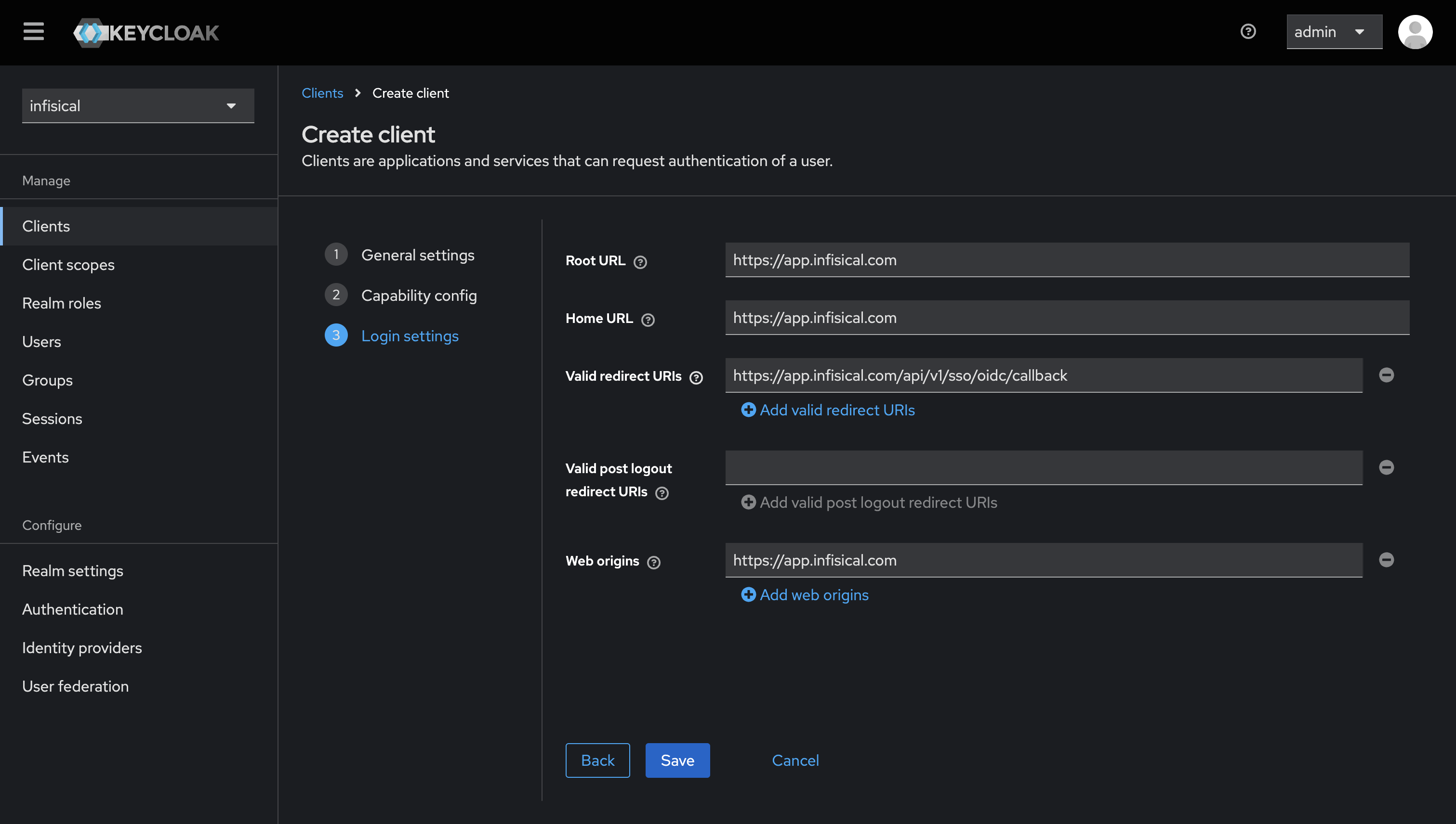 OIDC keycloak create client login settings