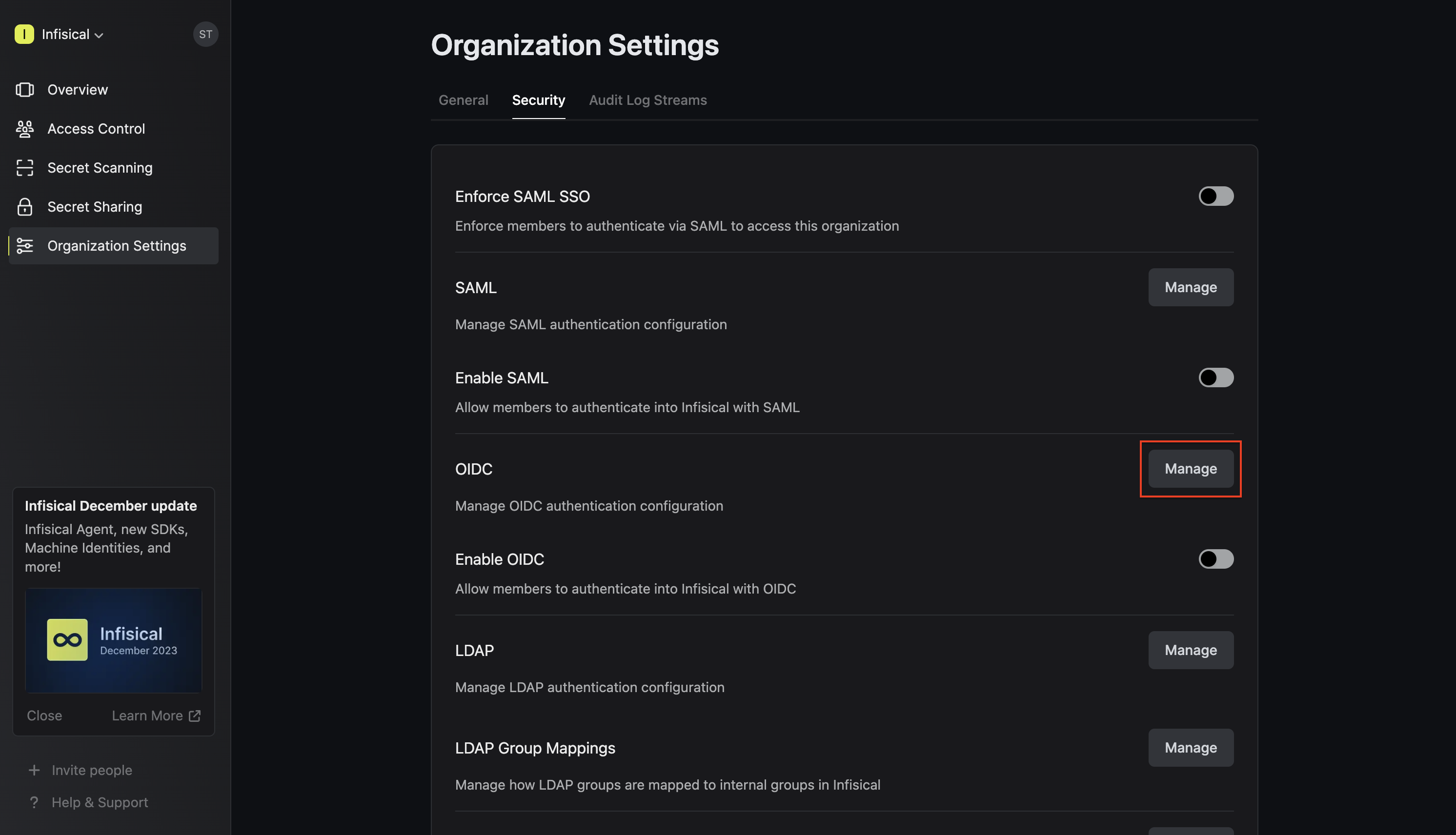 OIDC keycloak manage org Infisical