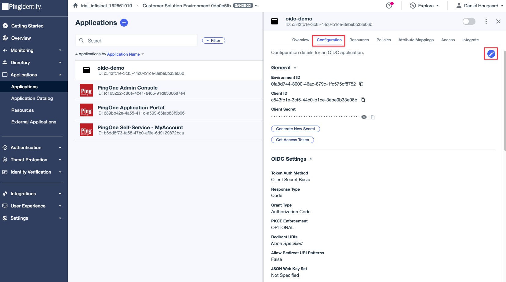 OIDC PingOne Edit Application Configuration