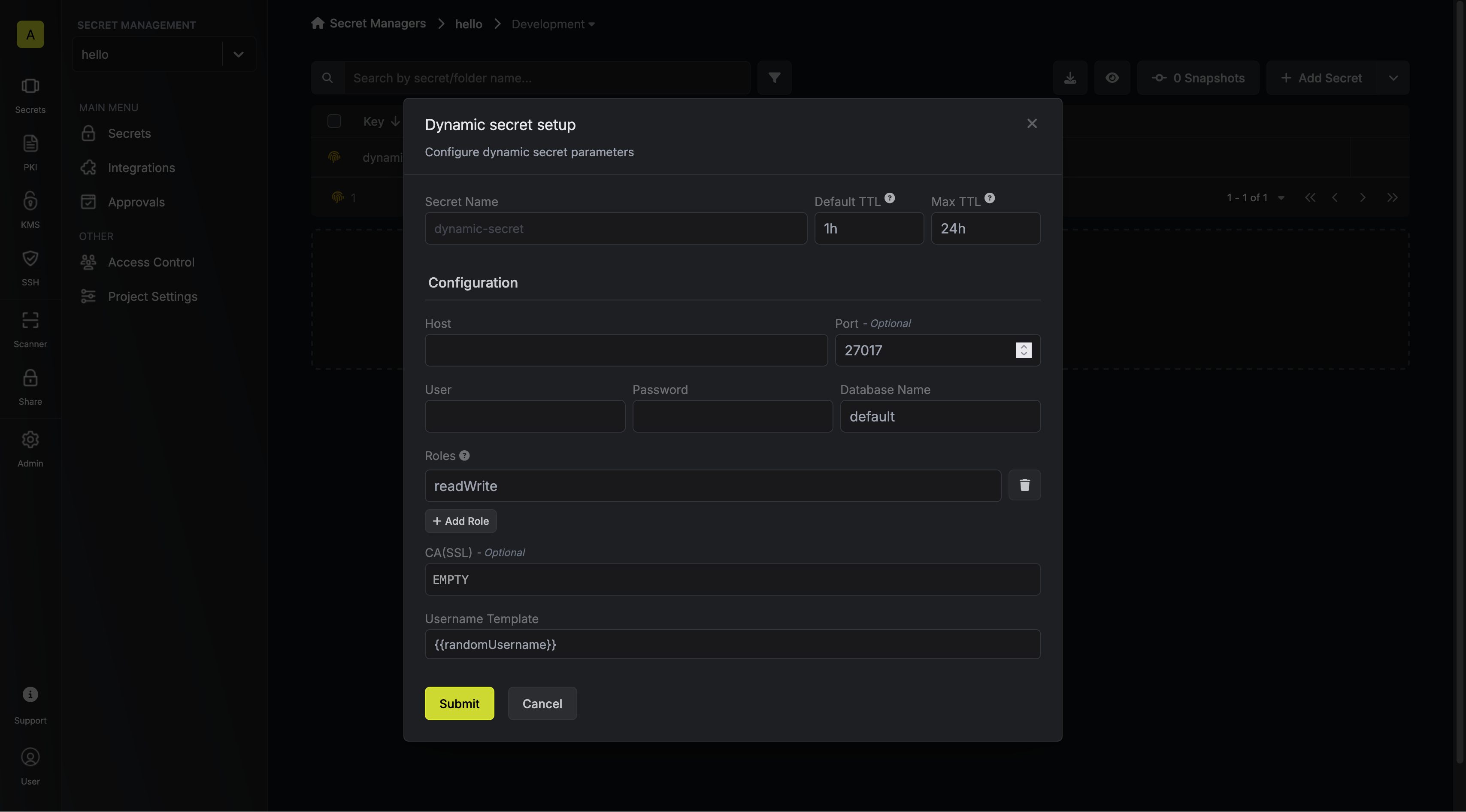 Dynamic Secret Setup Modal