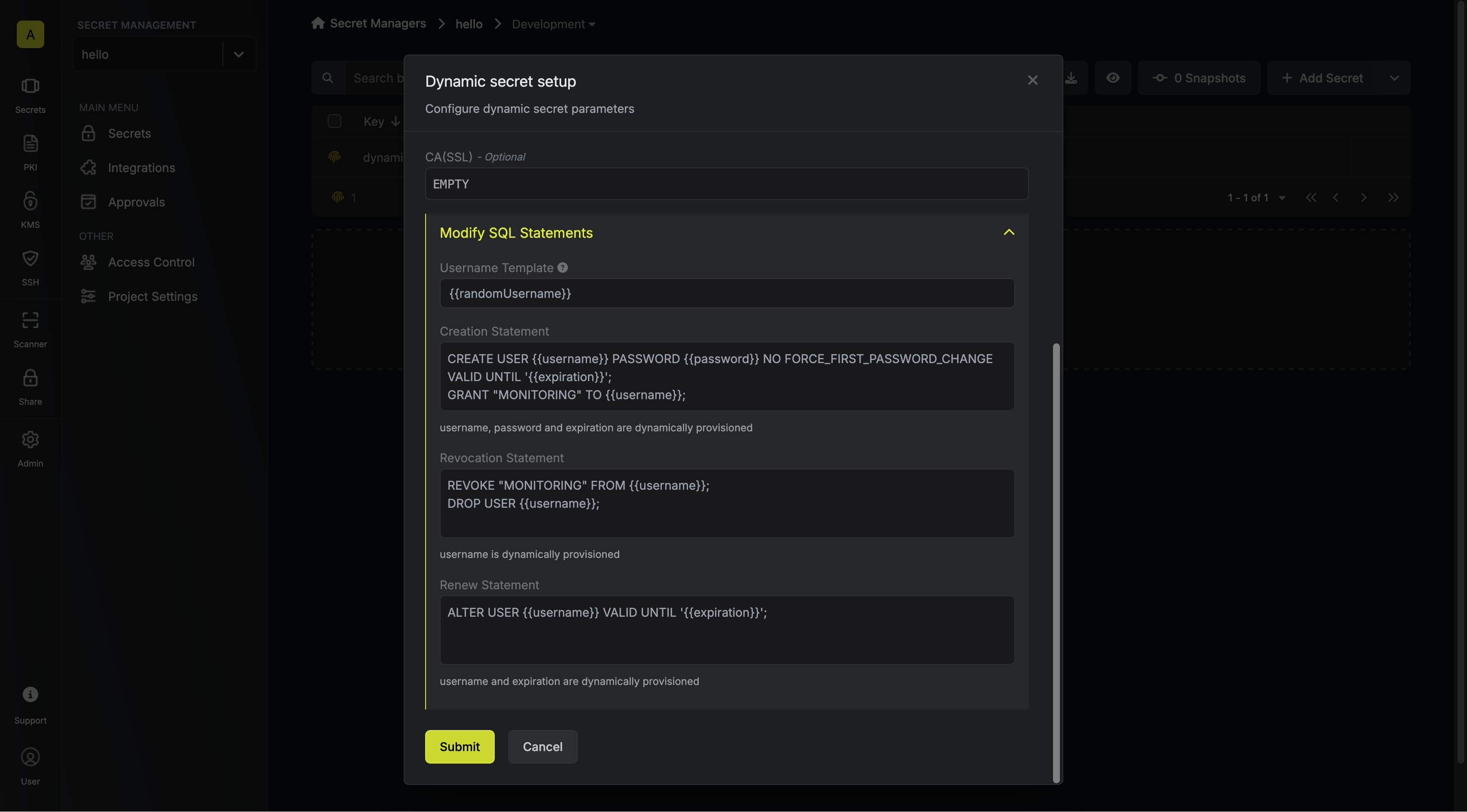 Modify SQL Statements Modal