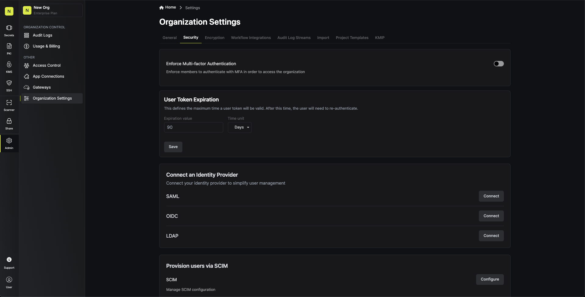 organization settings auth