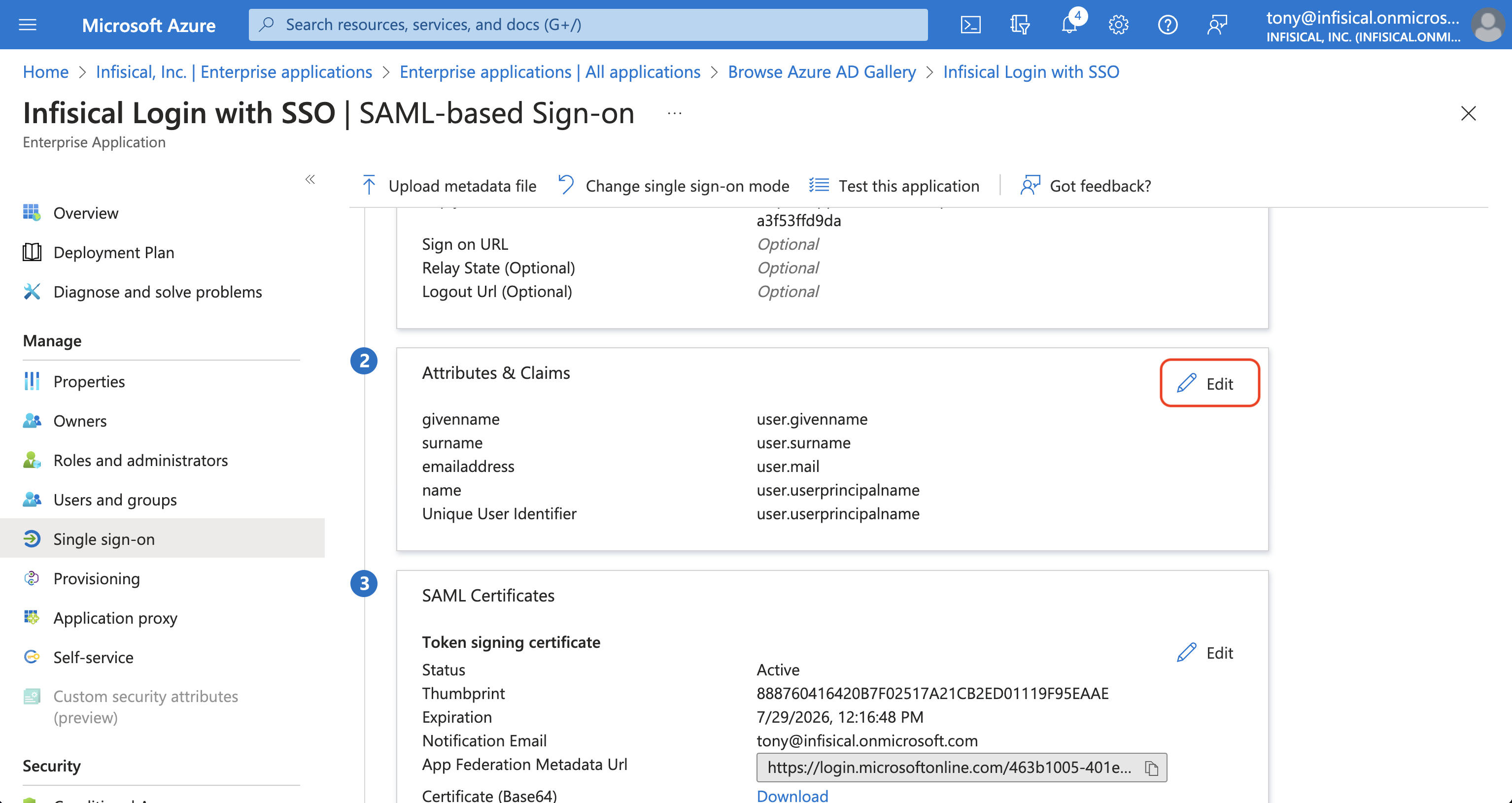 Azure SAML edit attributes and claims