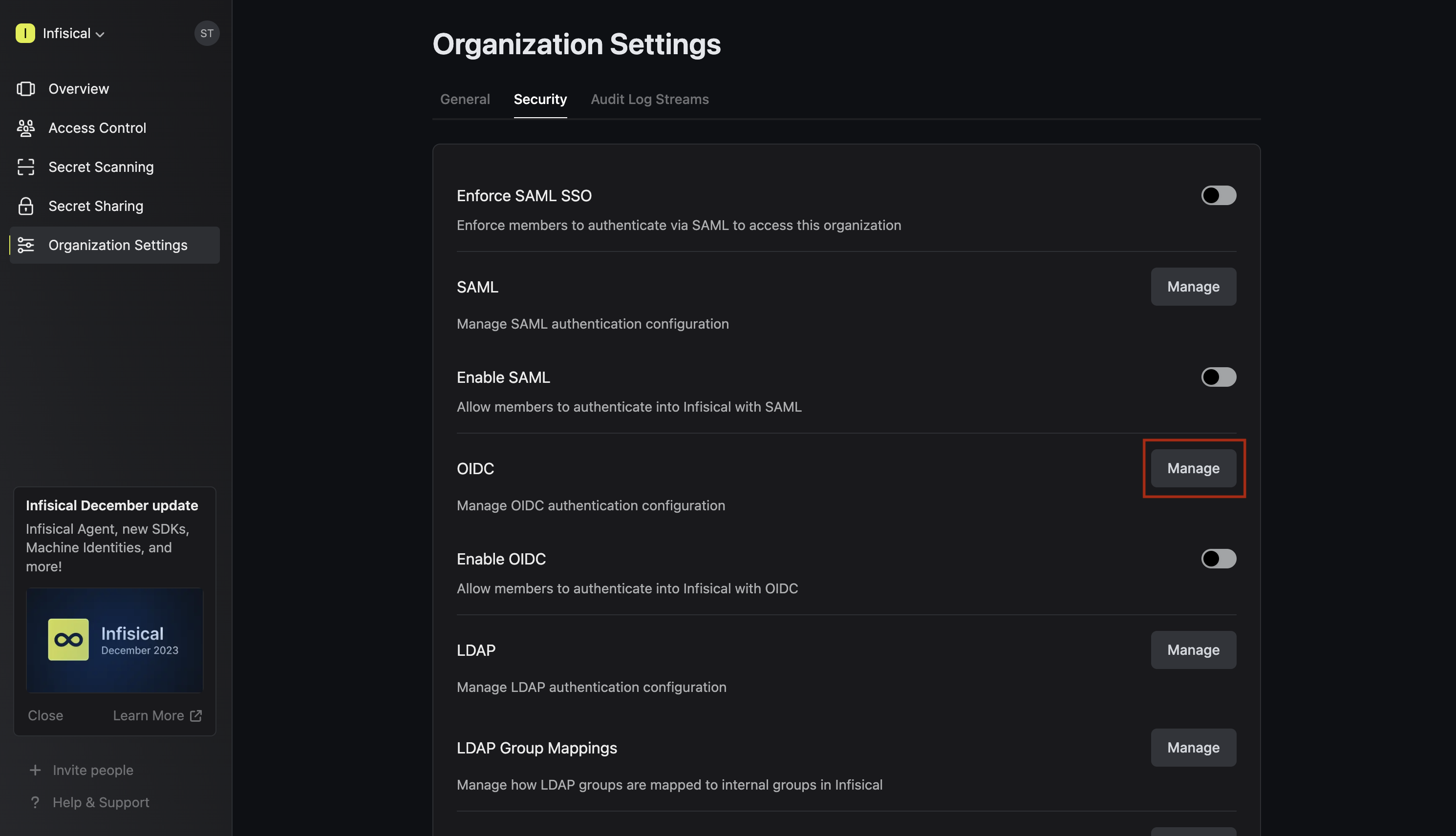 OIDC auth0 manage org Infisical
