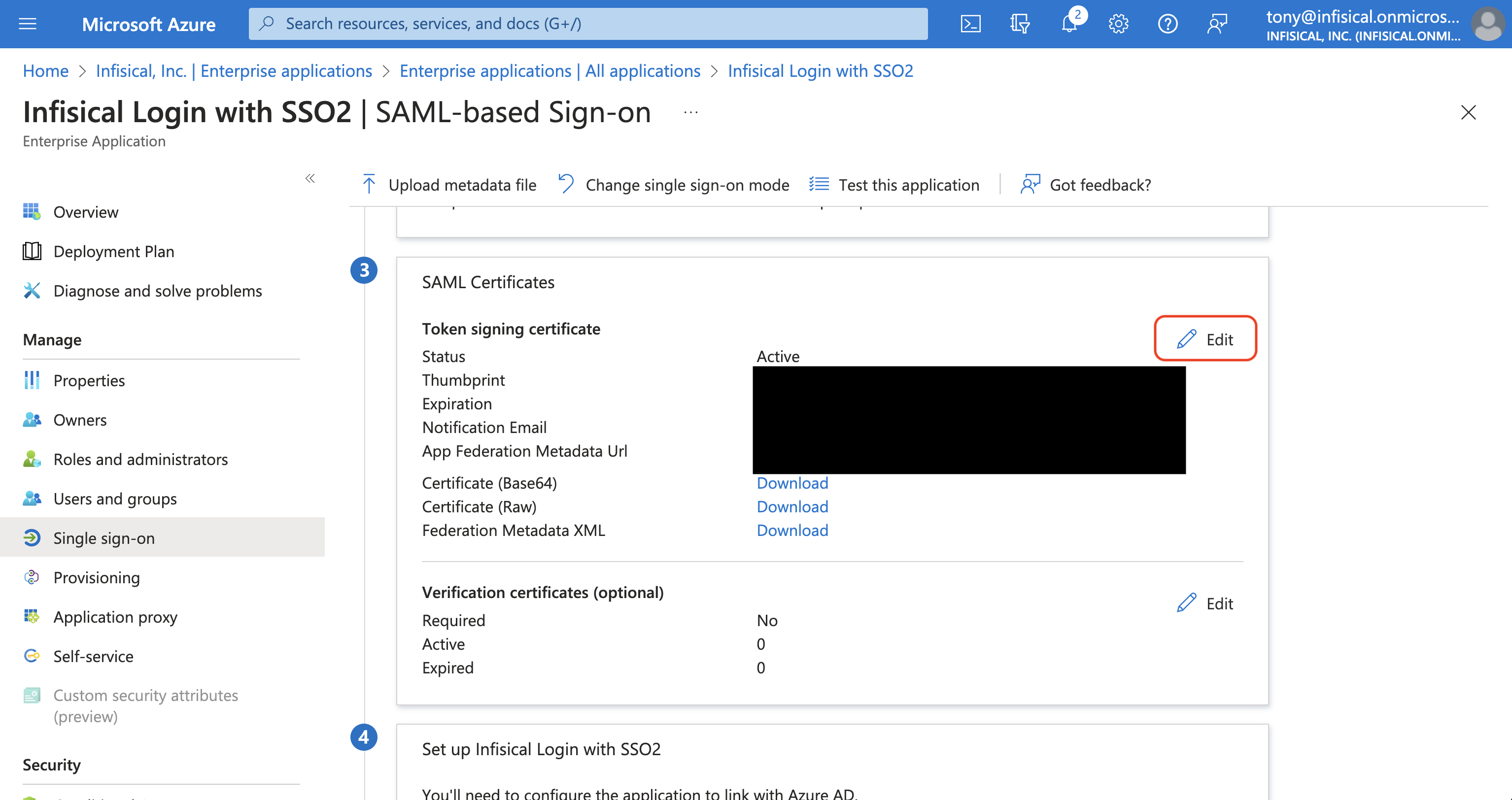 Azure SAML edit certificate