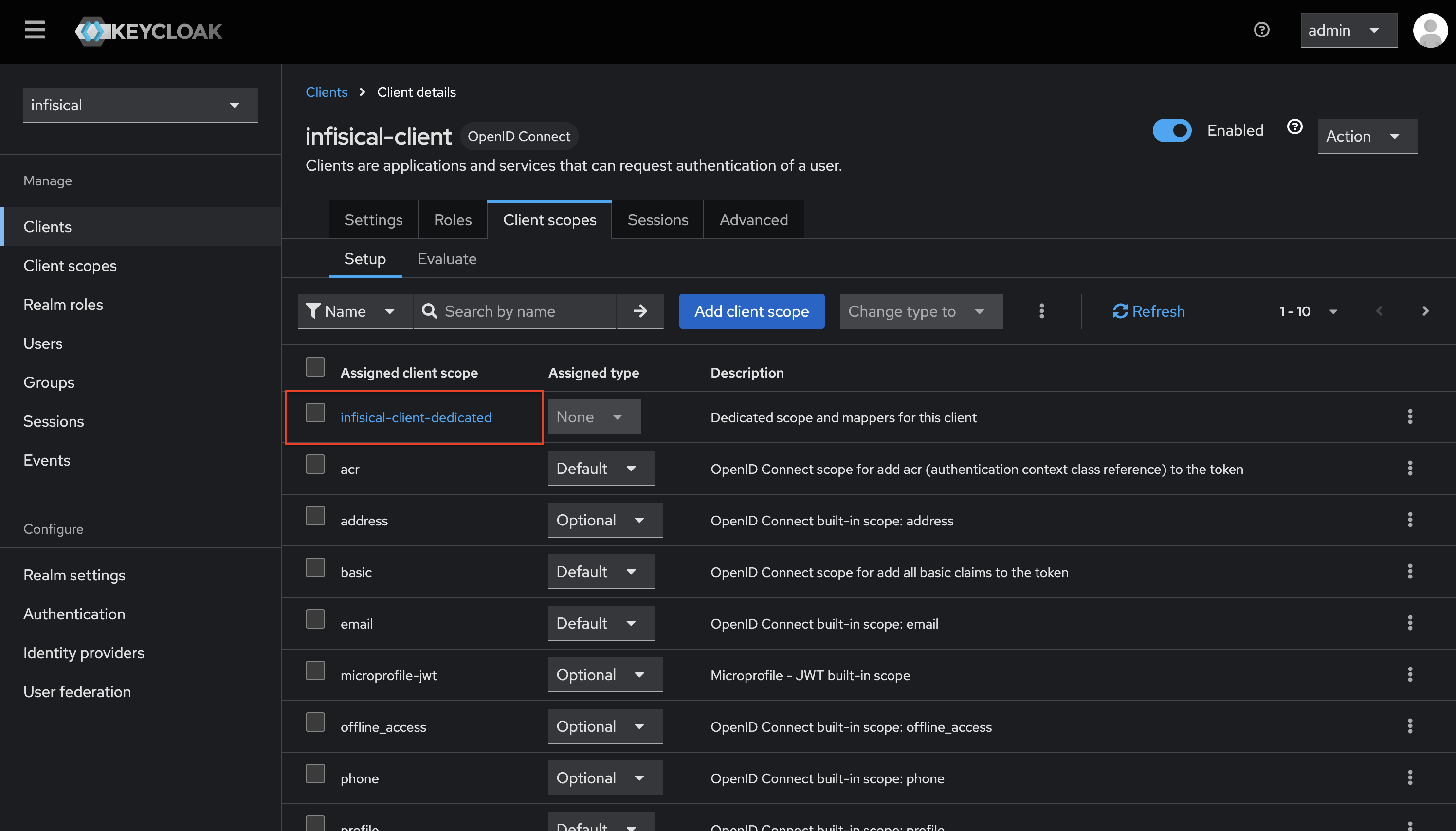 OIDC keycloak client scopes list
