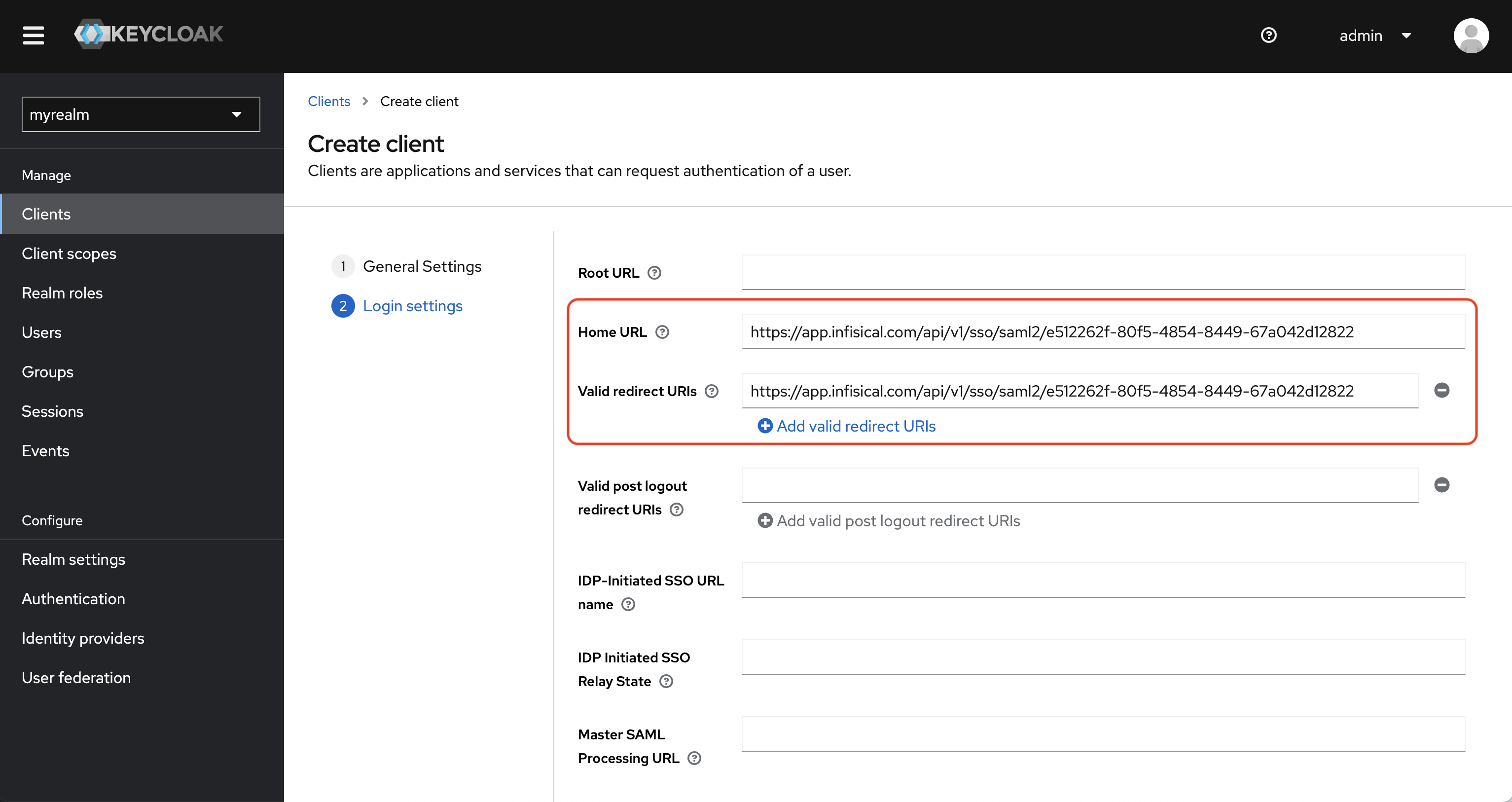 SAML keycloak create client login settings
