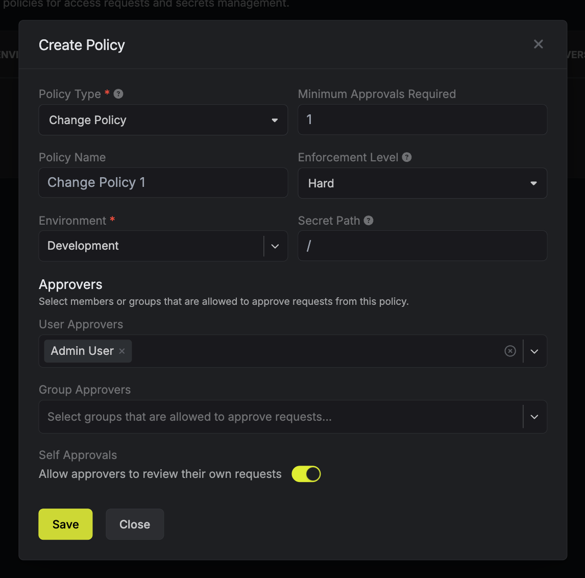 create panel secret update policy