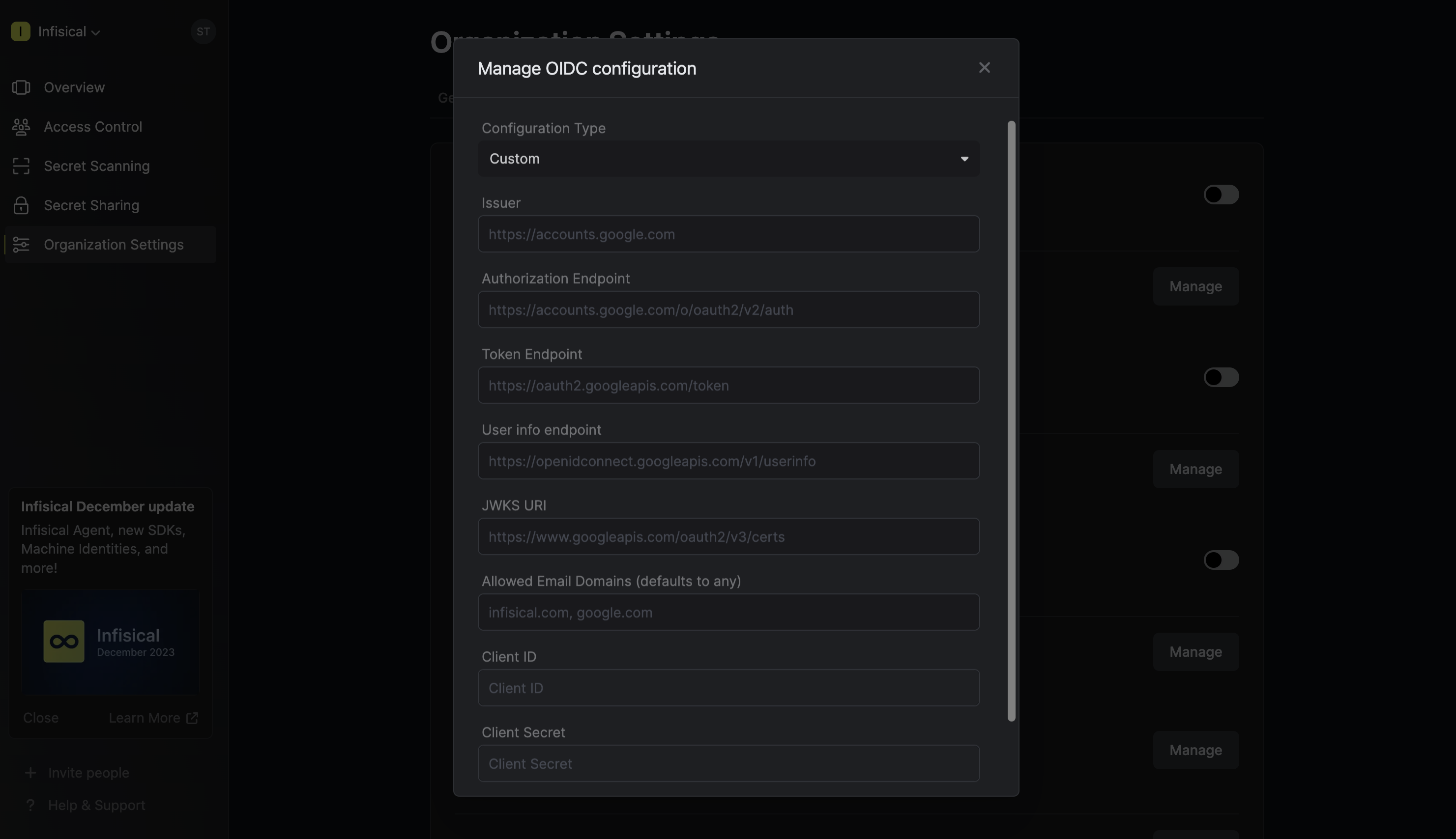 OIDC general custom config