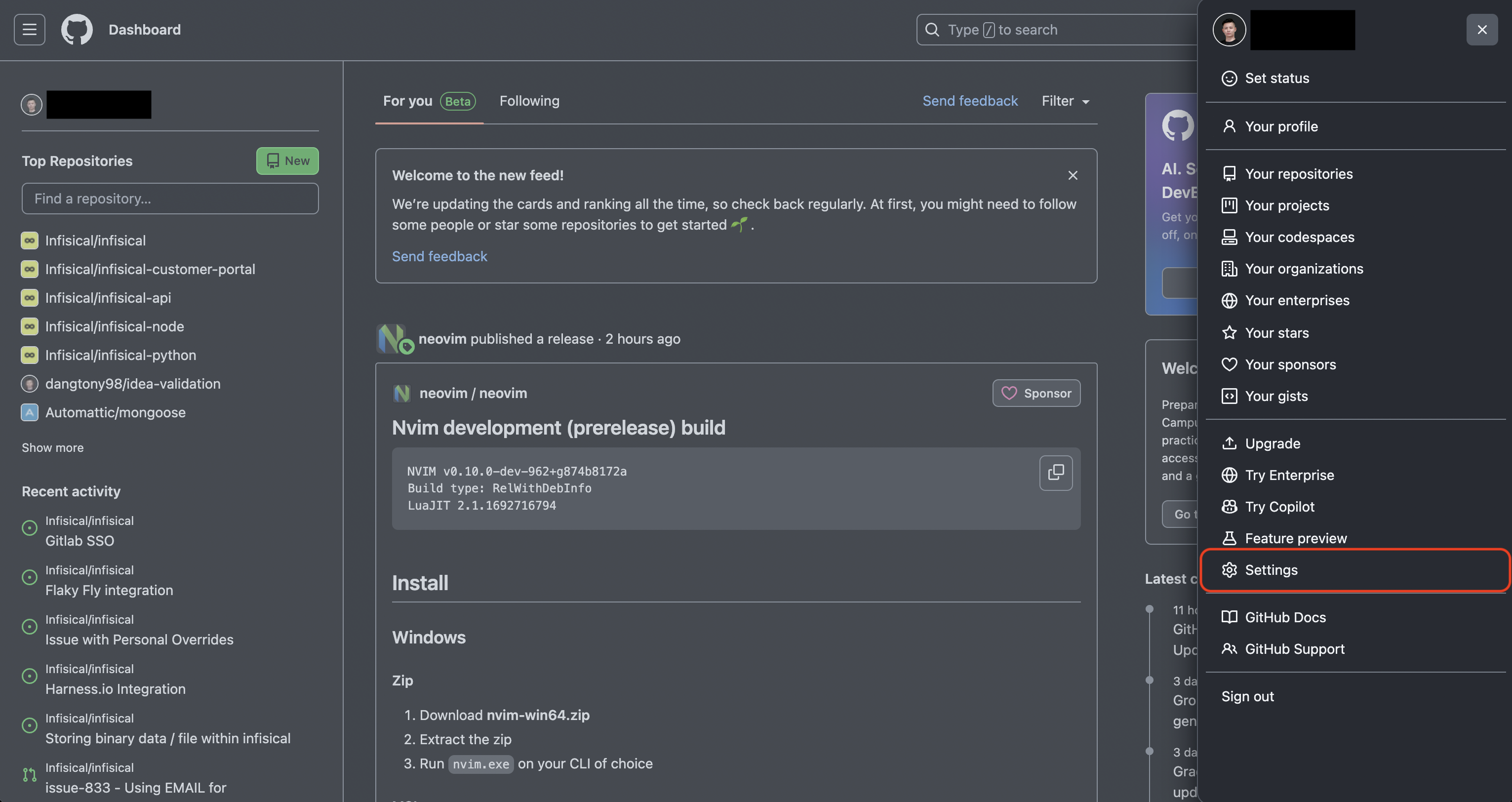GitHub settings