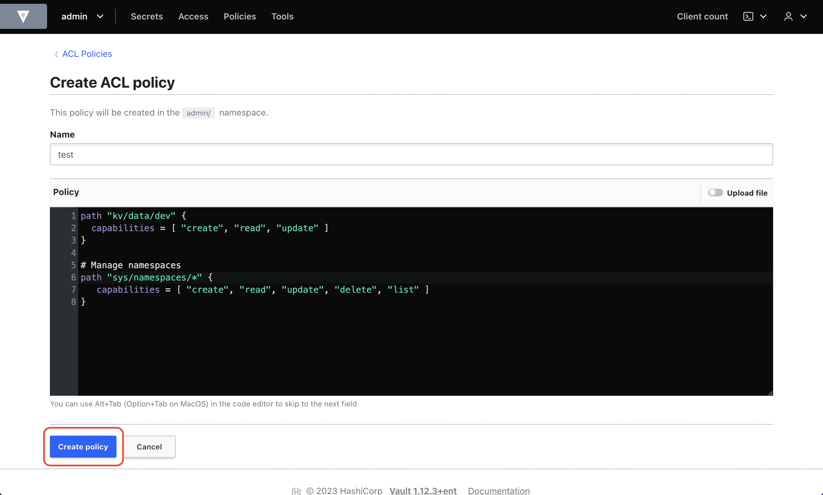 integrations hashicorp vault policy