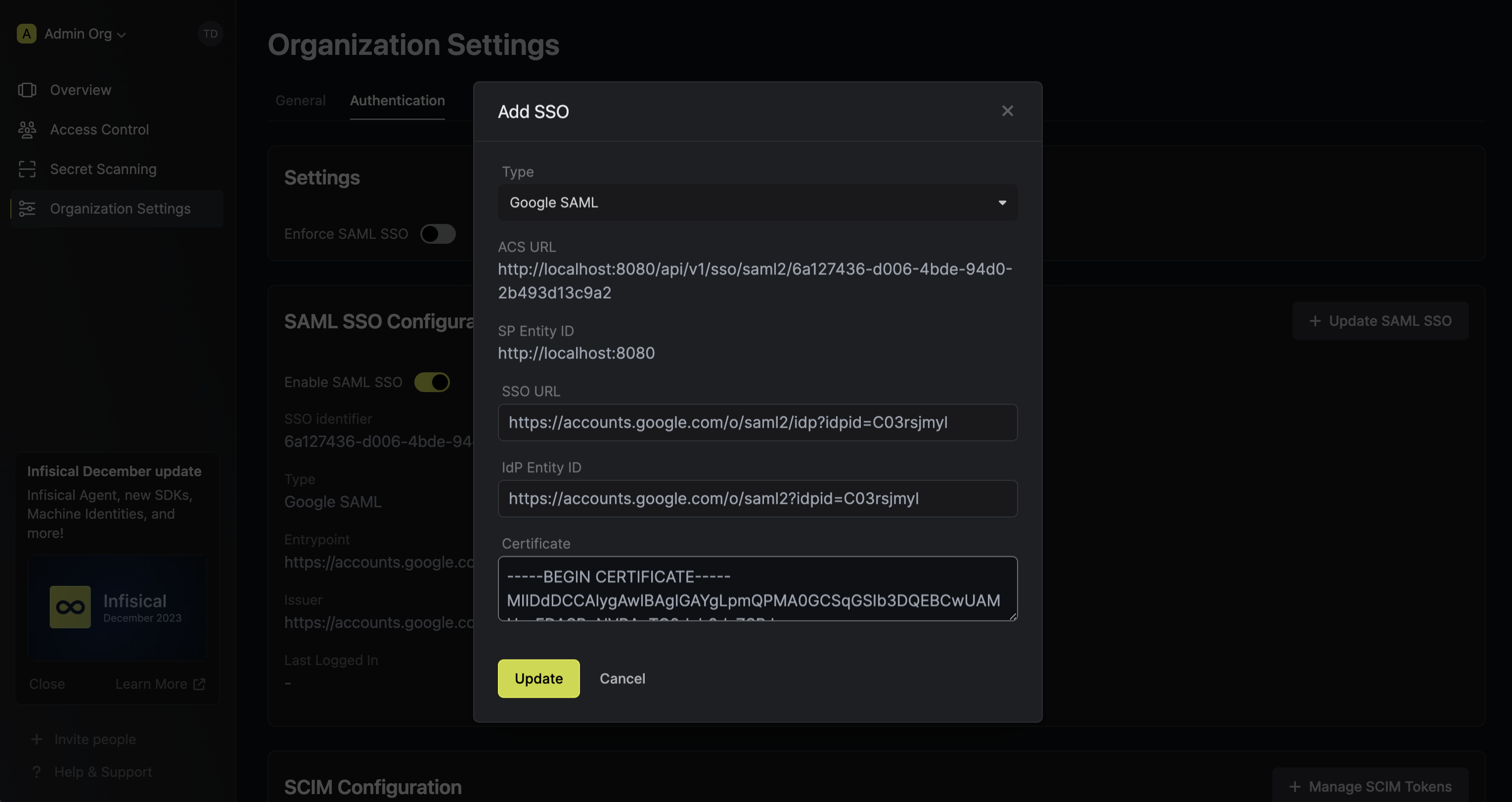 Google SAML Infisical config