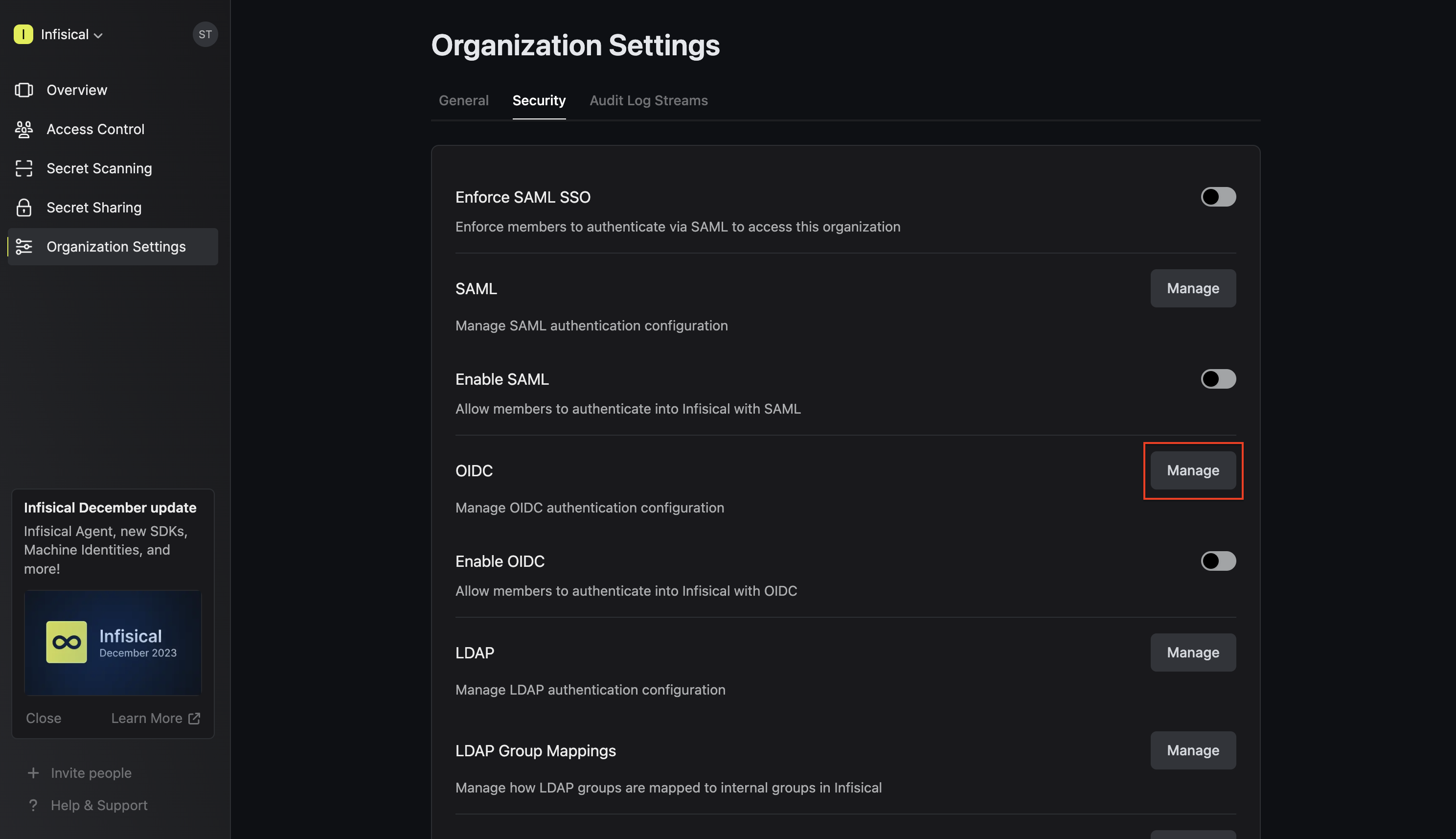 OIDC general manage org Infisical
