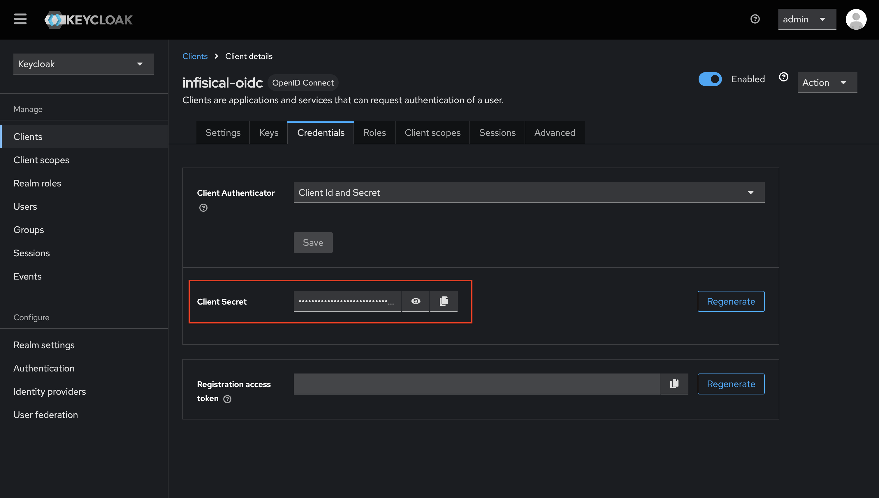 OIDC keycloak realm OIDC secret