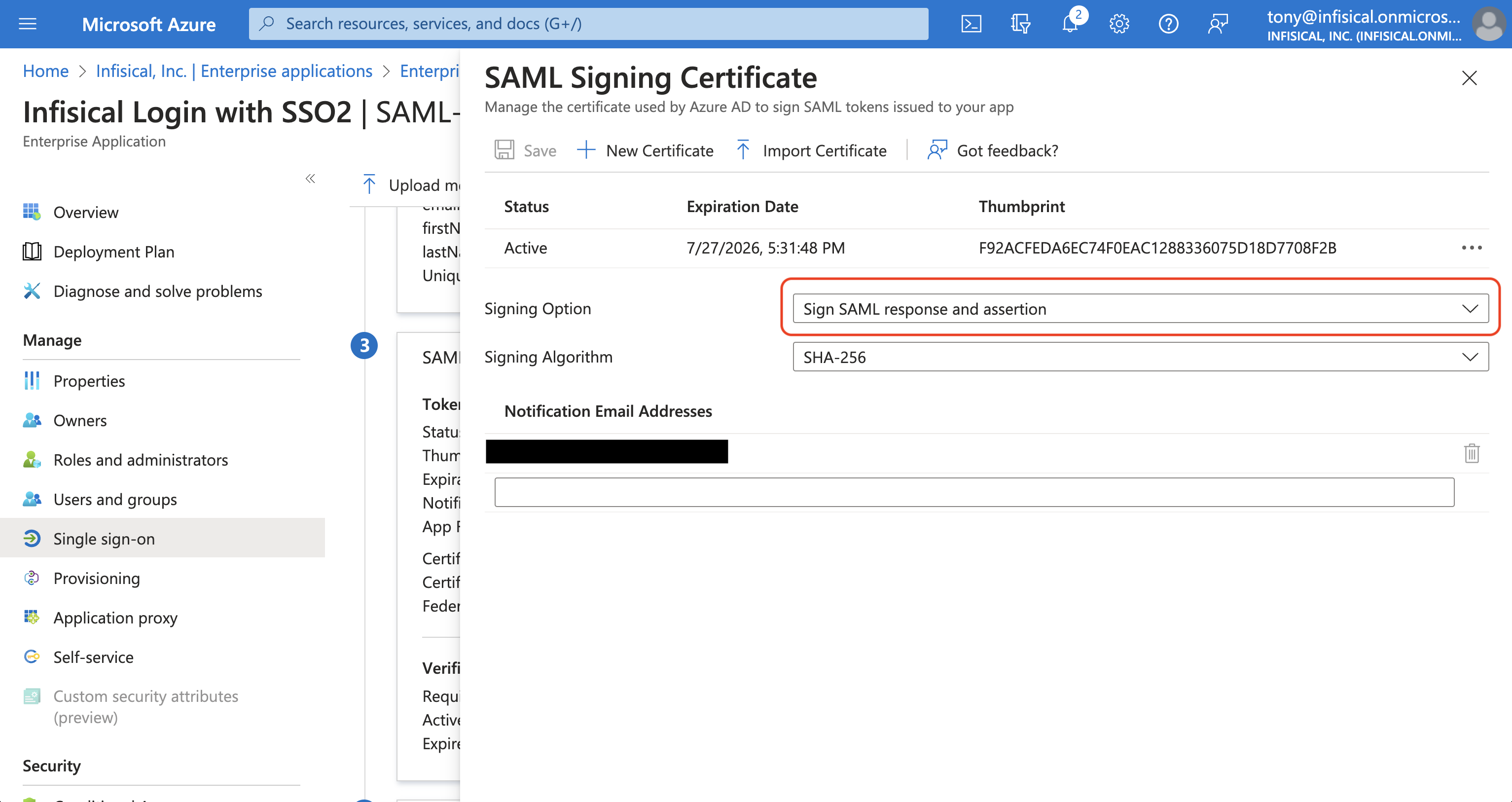 Azure SAML edit certificate signing option