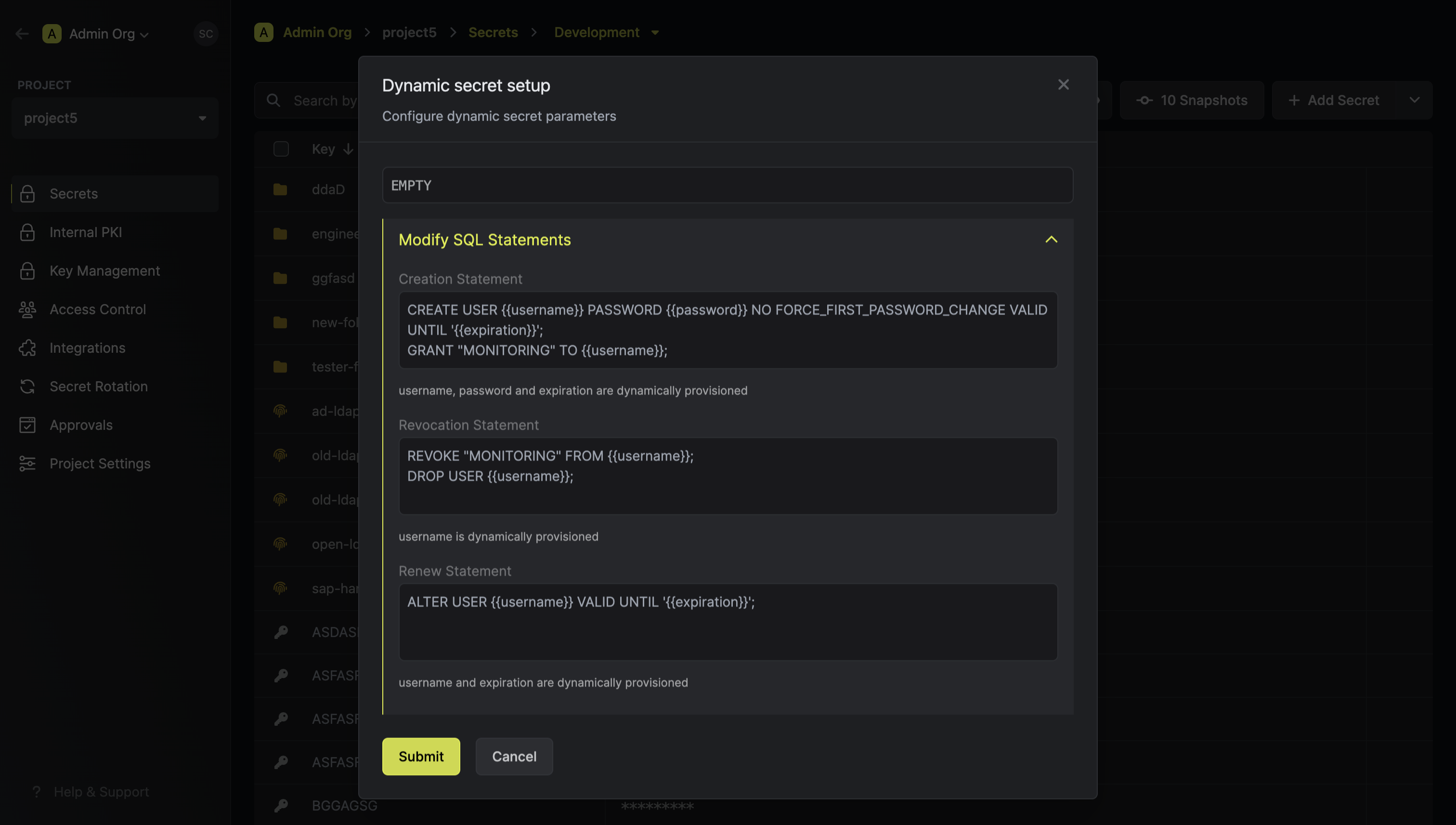 Modify SQL Statements Modal