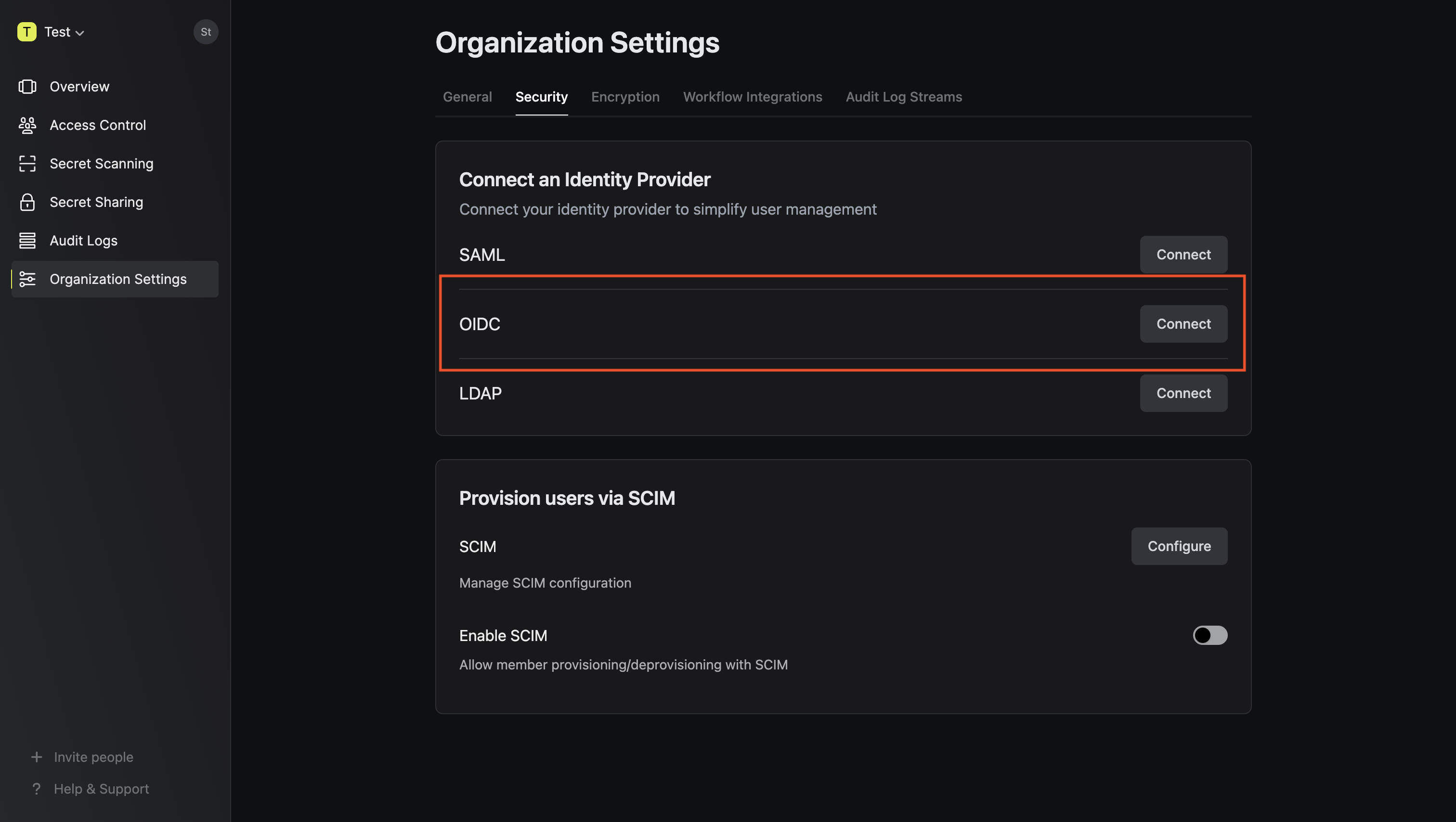 OIDC auth0 manage org Infisical