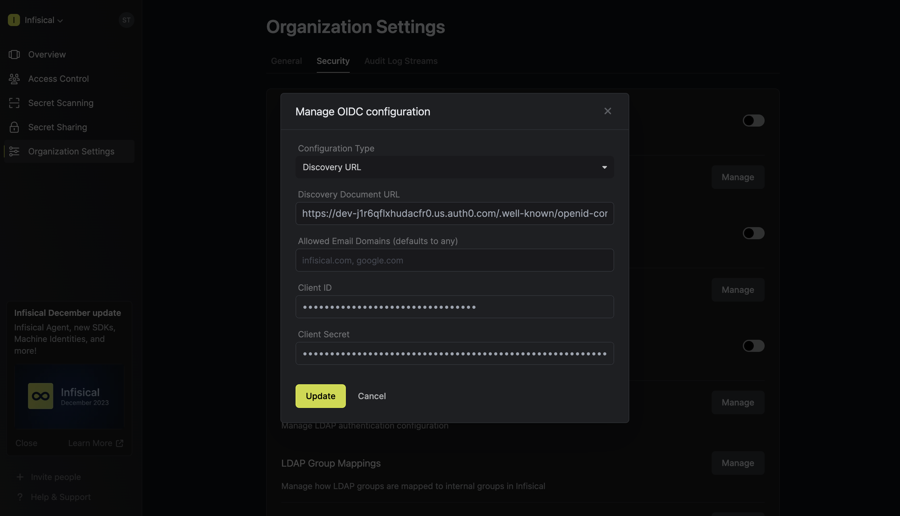 OIDC auth0 paste values into Infisical