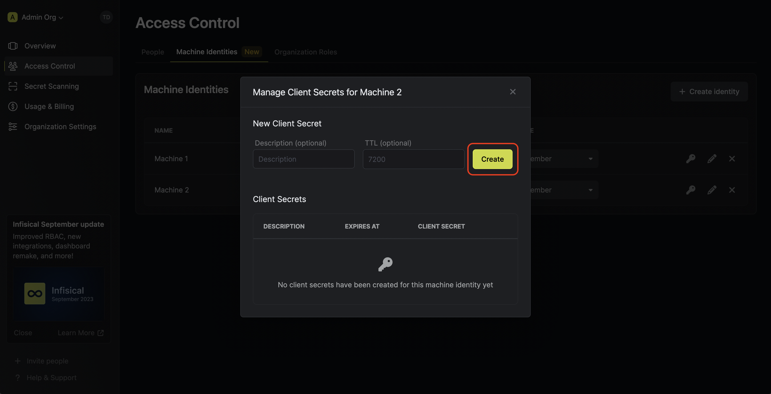 machine identities client secret create