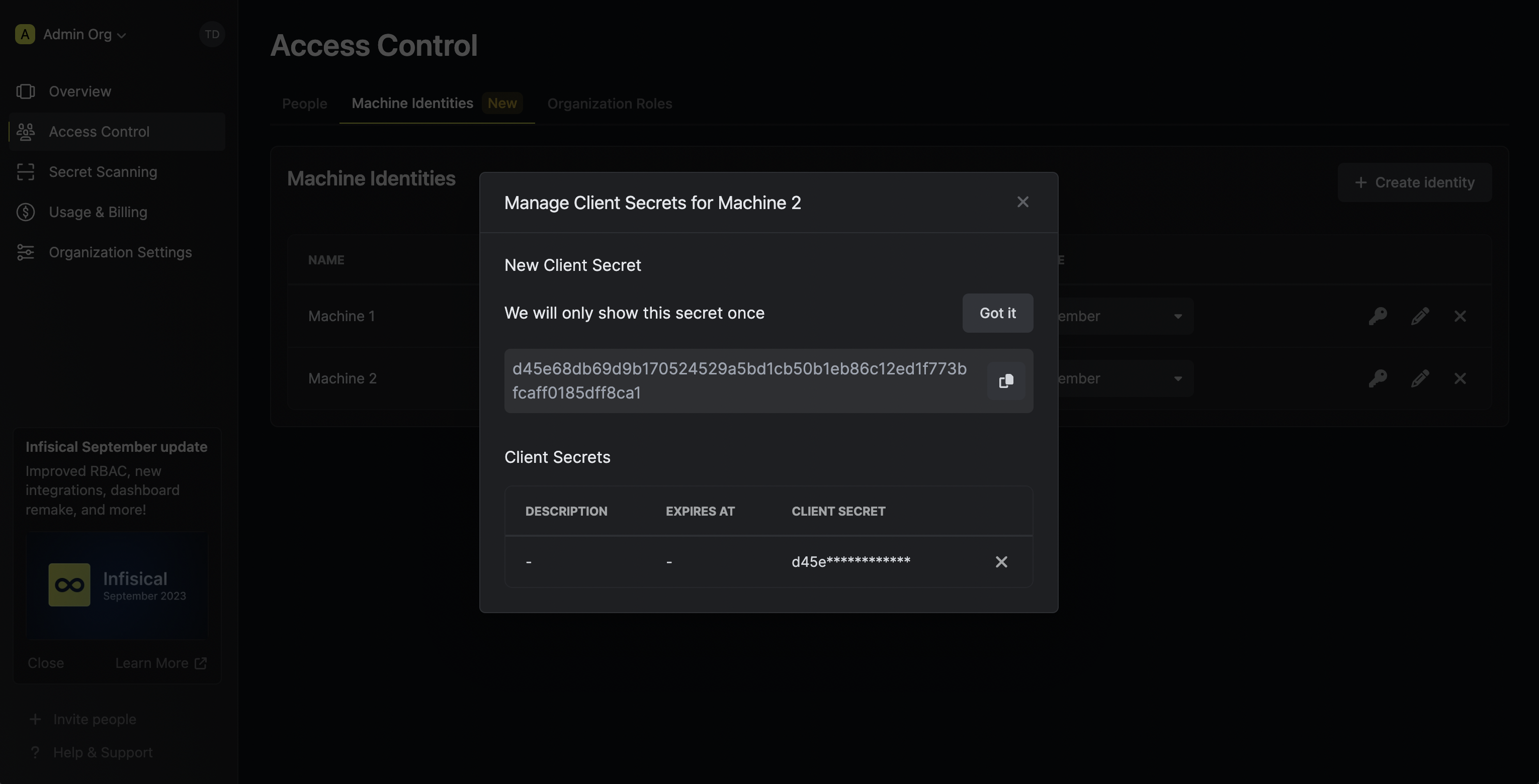 machine identities client secret create