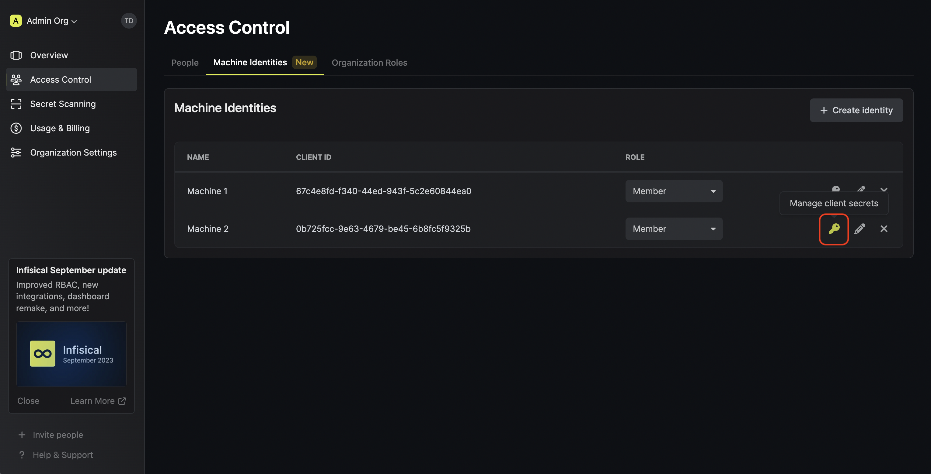 machine identities client secret create