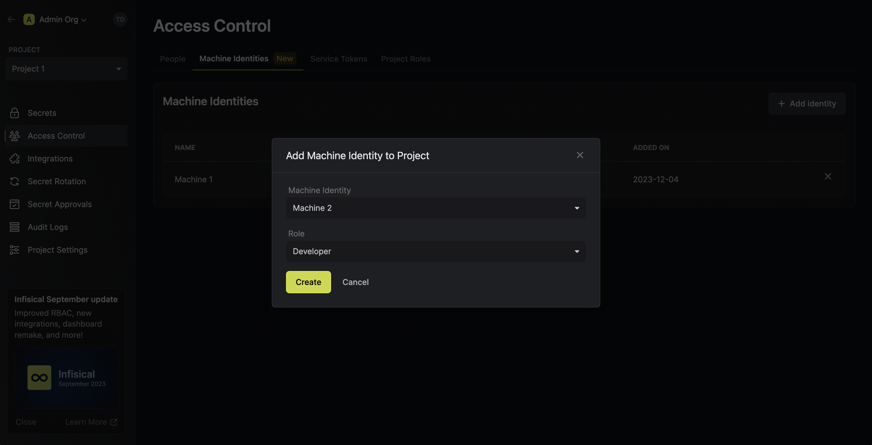 machine identities project create