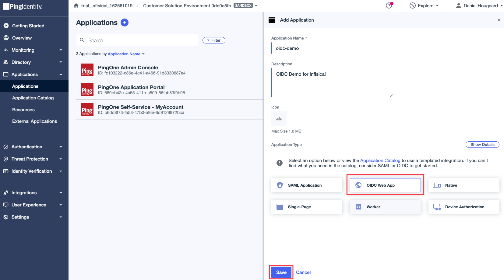 OIDC pingone create application