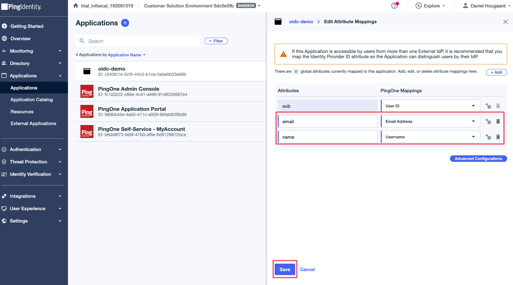 OIDC PingOne Edit Attribute Mappings